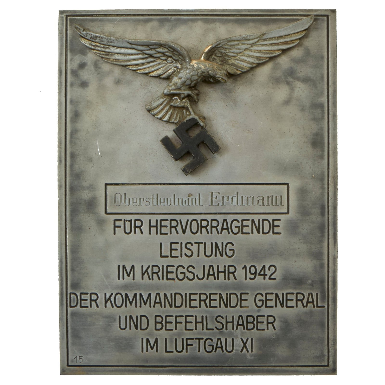 Buy Original German WWII Luftwaffe Named Outstanding Performance Presentation Plaque from Luftgau XI - dated 1942 | Original Firearms Antique For Sale