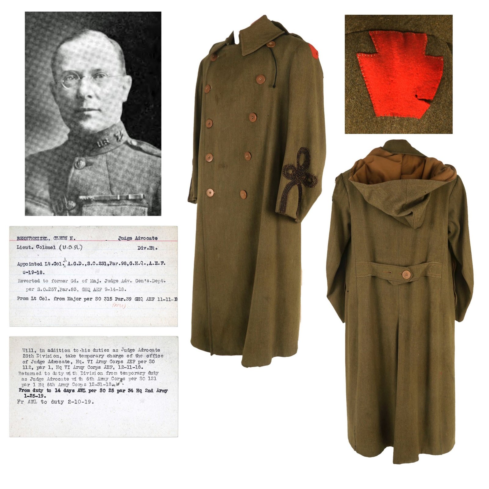 Buy Original U.S. WWI Named 28th Keystone Division Judge Advocate’s Officer’s Greatcoat with Extremely Scarce Hood & Lieutenant Colonel Chicken Gut Ranks - Cleon Nivelle Berntheizel - Pennsylvania National Guard | Original Firearms Antique For Sale