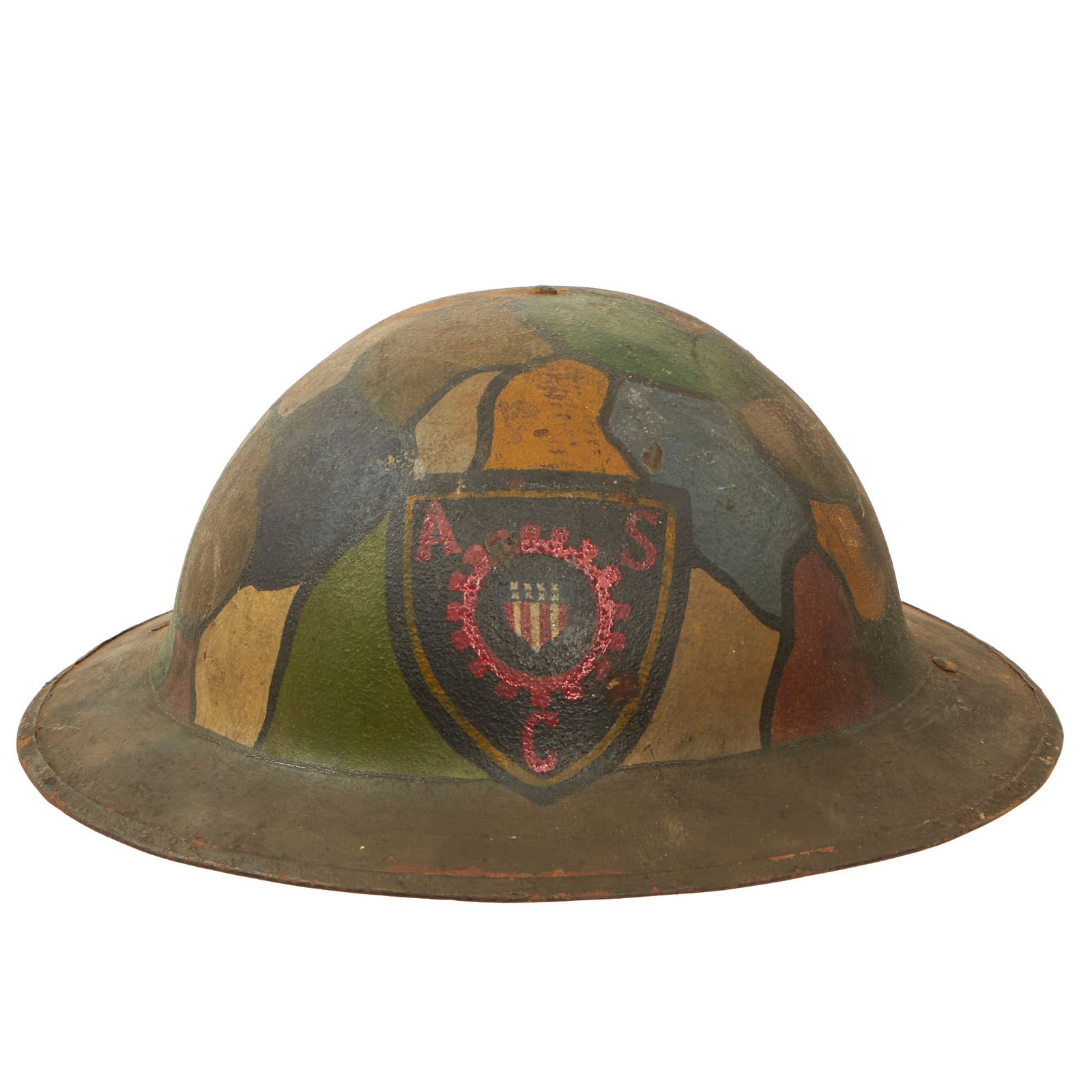 Buy Original U.S. WWI Named Army Service Corps Camouflage Painted British-Made Mk. I Doughboy Helmet with Liner - Prisoner of War Escort Company 85 | Original Firearms Antique For Sale