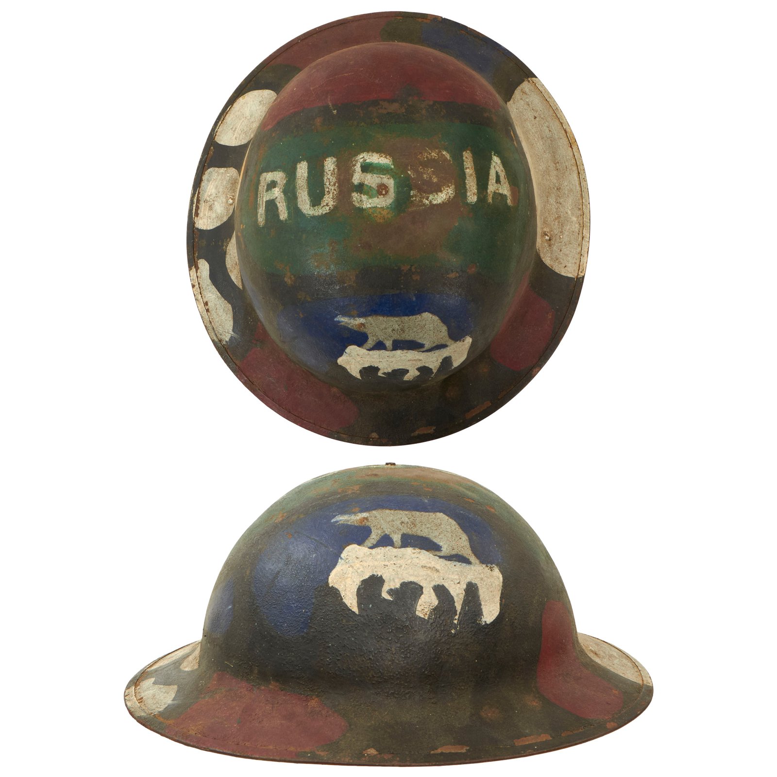 Buy Original U.S. WWI Rare North Russian Polar Bear Expedition 339th Infantry Regiment Camouflage Painted M1917 Doughboy Helmet with Full Liner & Chinstrap | Original Firearms Antique For Sale
