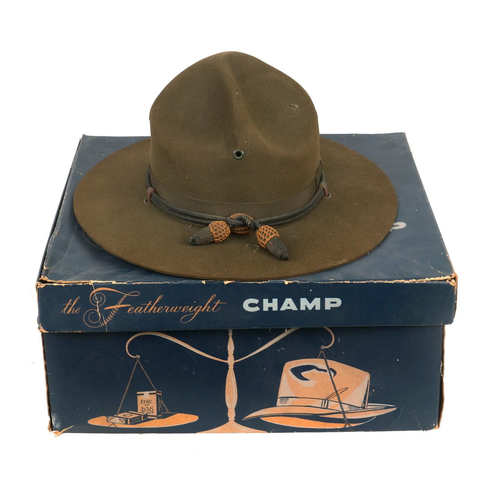 Buy Original U.S. WWII Officers Private Purchase Campaign Hat with Officer’s Cord & Chinstrap in Original Box - The Featherweight Champ | Original Firearms Antique For Sale
