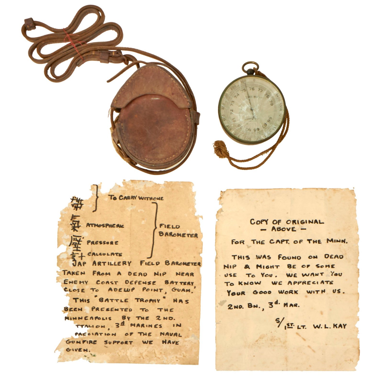 Buy Original U.S. WWII U.S. Captured Japanese Cracked Barometer in Case Presented to Captain of the USS Minnesota by 3rd Marine Regiment with Provenance Note | Original Firearms Antique For Sale