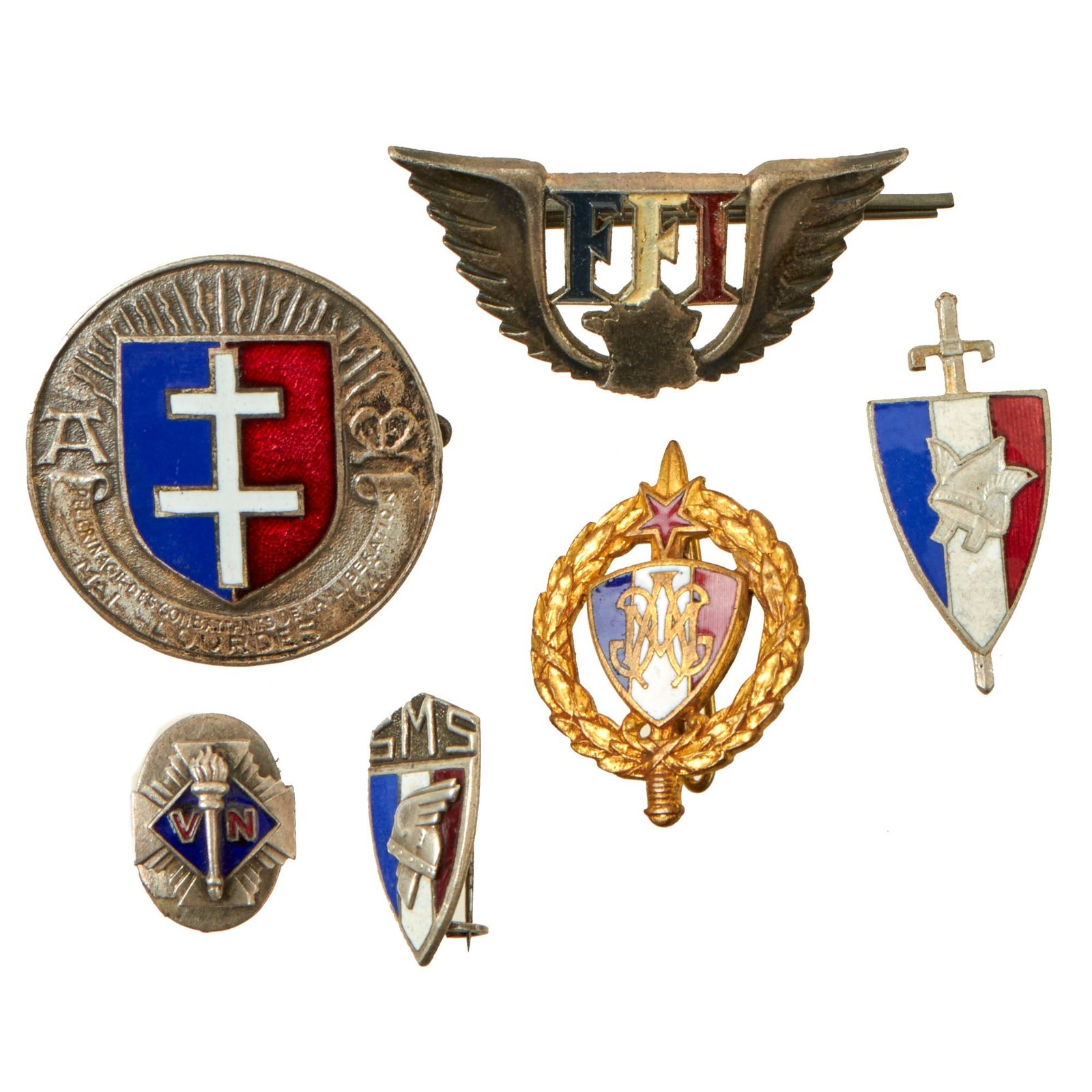 Buy Original WWII Free French Resistance FFI Insignia Lot - 6 Pieces Total | Original Firearms Antique For Sale