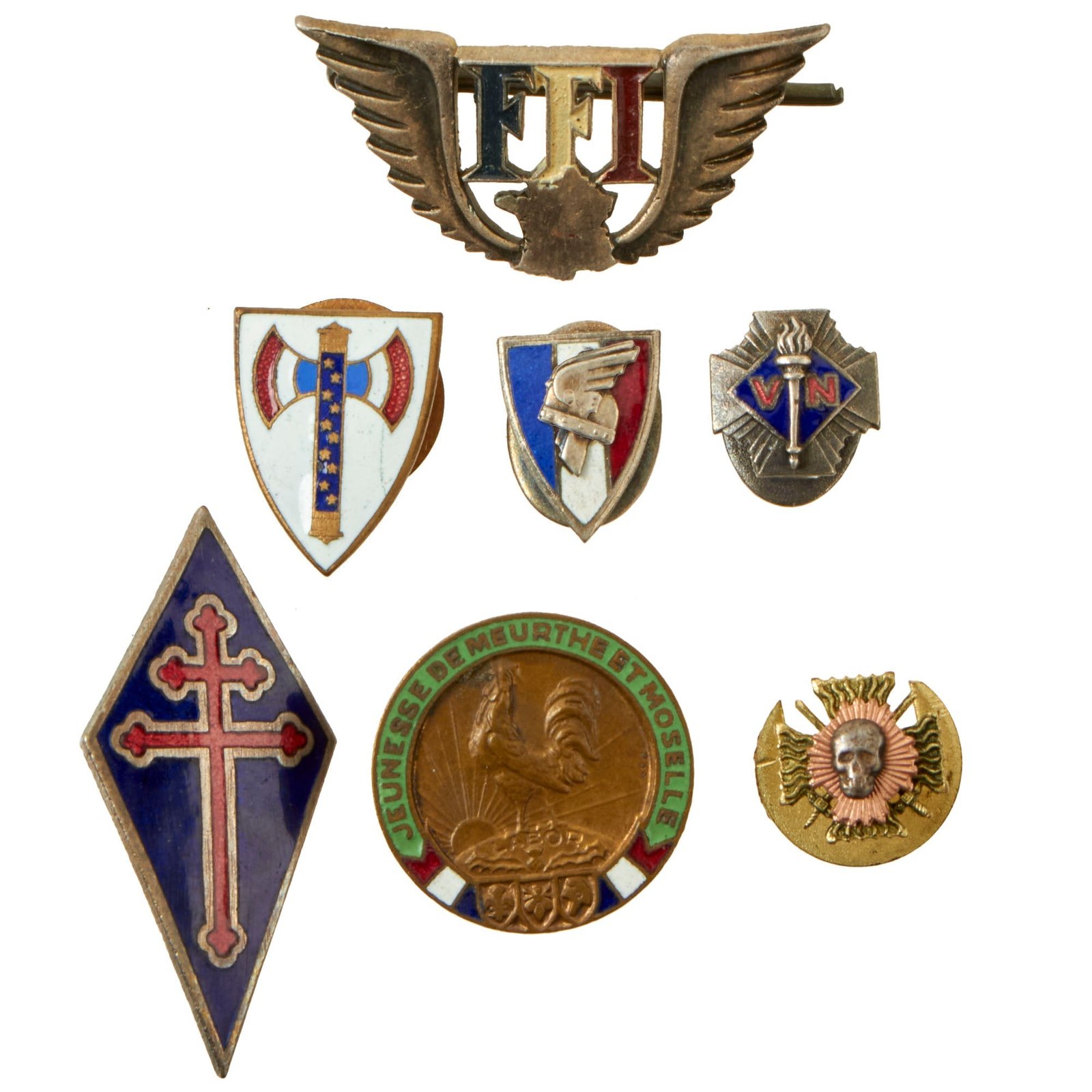 Buy Original WWII Free French Resistance FFI Insignia Lot - 7 Pieces Total | Original Firearms Antique For Sale