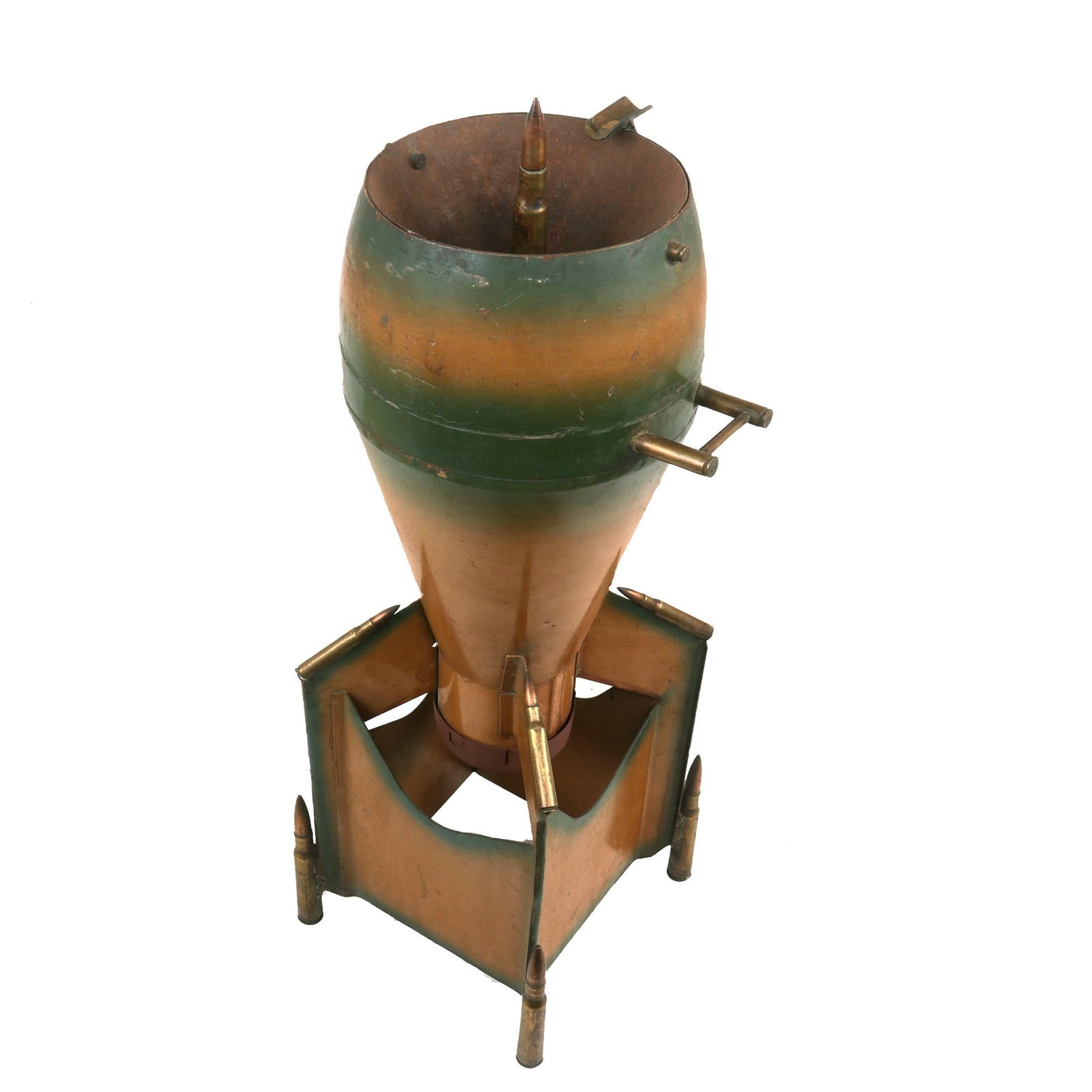 Buy Original U.S. WWII Trench Art Bomb Ashtray with Ash Reserve Made with Cartridges & Camouflage Painted | Original Firearms Antique For Sale