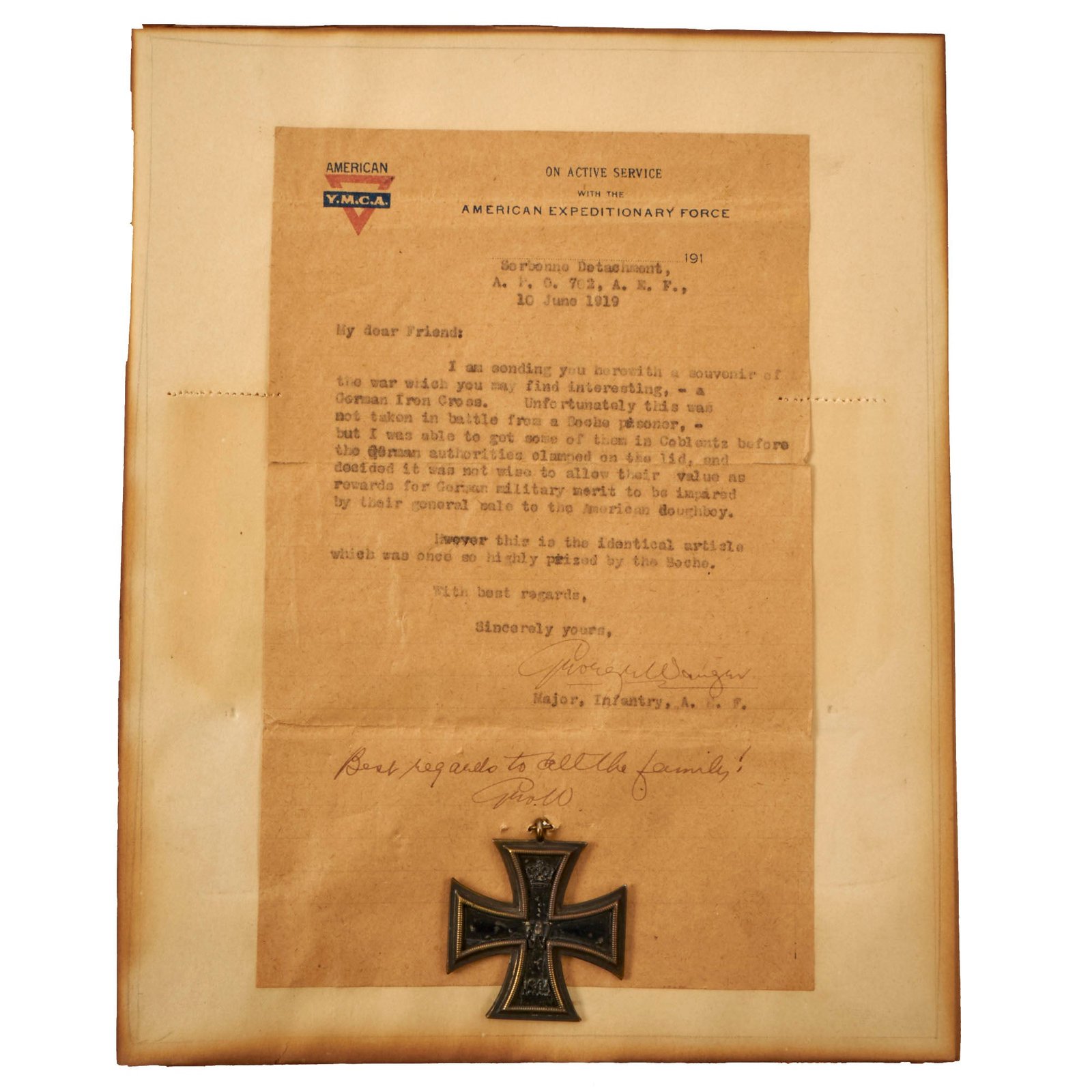 Buy Original U.S. WWI Framed Captured Souvenir German Iron Cross 2nd Class EKII with YMCA Letter Sent Home - 8 ⅞" x 10 ⅞” | Original Firearms Antique For Sale