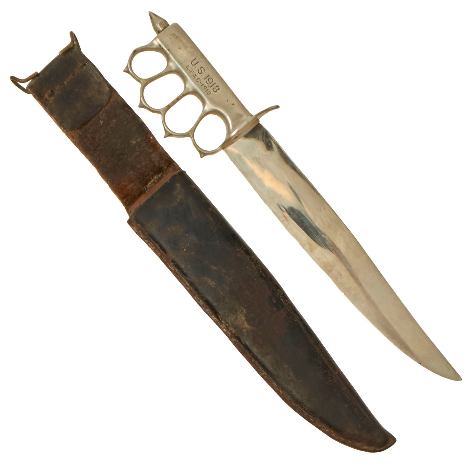 Buy Original U.S. WWI M1918 Mark I Modified Trench Knife by L. F. & C. Modified with Bowie Blade with Original Leather Scabbard | Original Firearms Antique For Sale