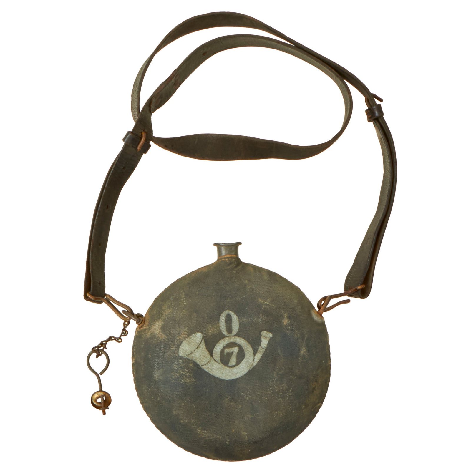 Buy Original U.S. Indian Wars / SAW M1878 Canteen with Painted Cover & Leather Shoulder Strap - Converted Civil War NY Depot M-1858 Canteen - Dated 1865 | Original Firearms Antique For Sale