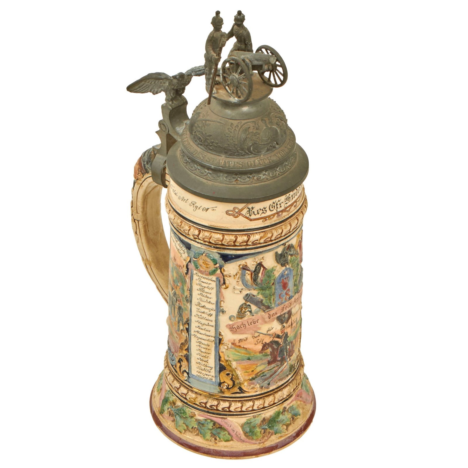 Buy Original Imperial German WWI Era 58th (Minden) Field Artillery Regiment Stein with Hinged Lid - Dated 1903-1905 - Repaired | Original Firearms Antique For Sale