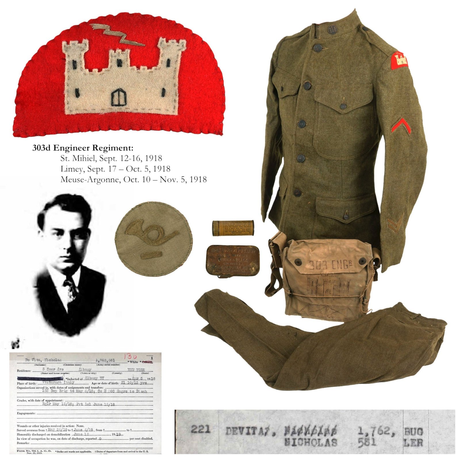 Buy Original U.S. WWI Phenomenal Identified 78th Division Engineer Uniform Grouping with One-of-a-Kind Patch & Decorated SBR Gas Mask to Italian-Born Immigrant - 303rd Engineer Regiment | Original Firearms Antique For Sale