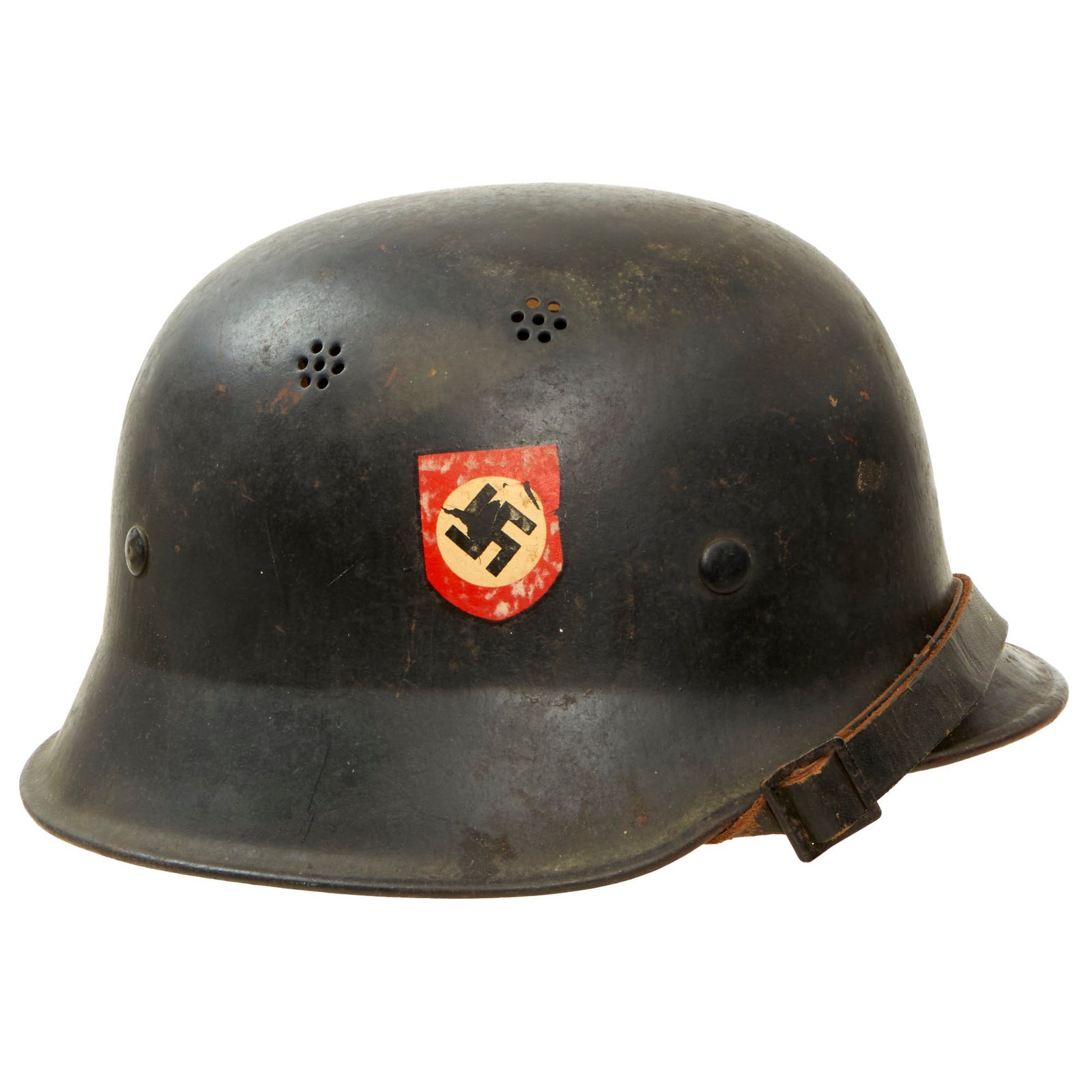 Buy Original German WWII M34 Square Dip NSDAP Double Decal Civic Police Steel Helmet with Cloth Liner & Chinstrap - Ordnungspolizei | Original Firearms Antique For Sale