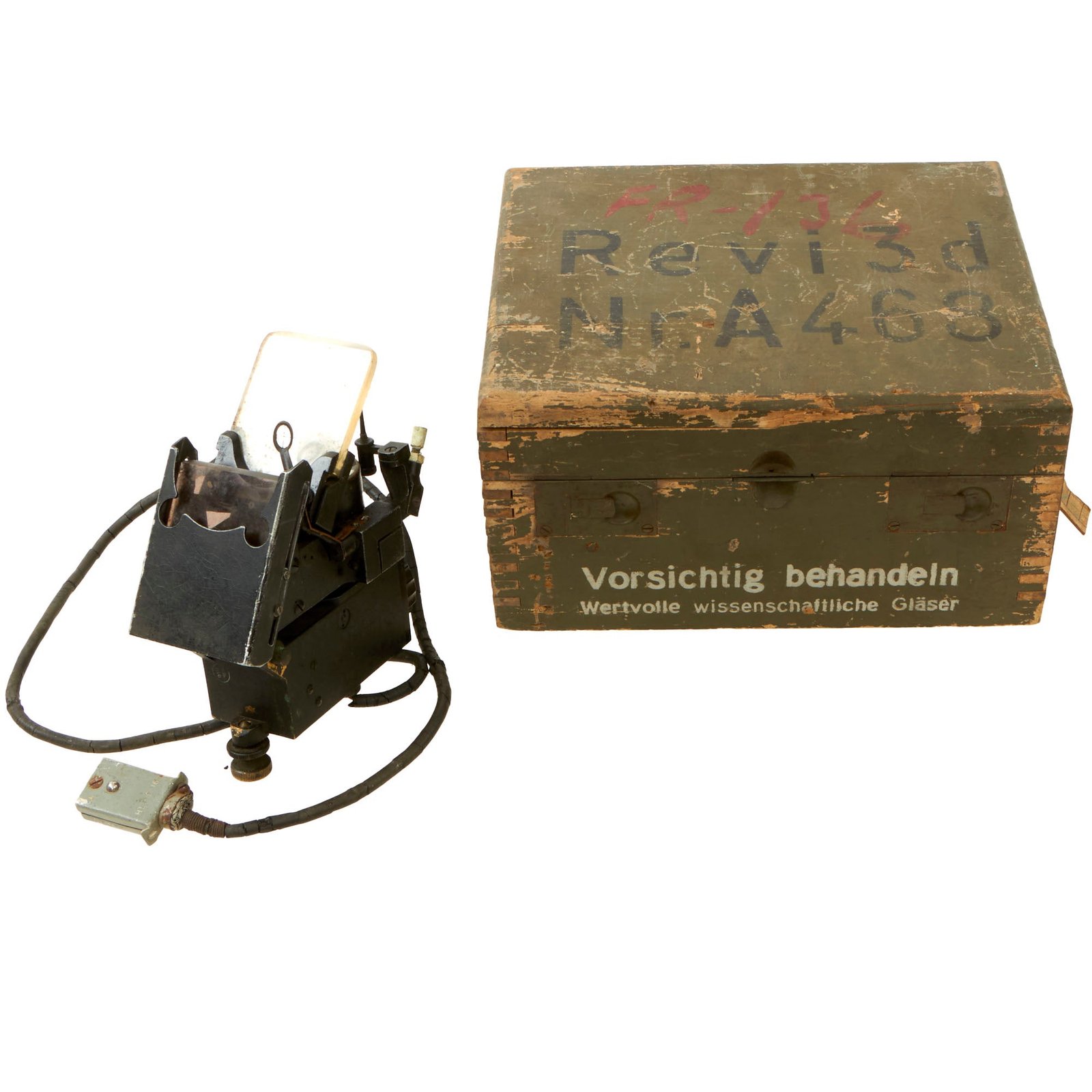 Buy Original German WWII Luftwaffe REVI 3d A 722 Gunsight in Original Transit Crate with Mounting Brackets - As Used in Messerschmitt Bf 109 | Original Firearms Antique For Sale