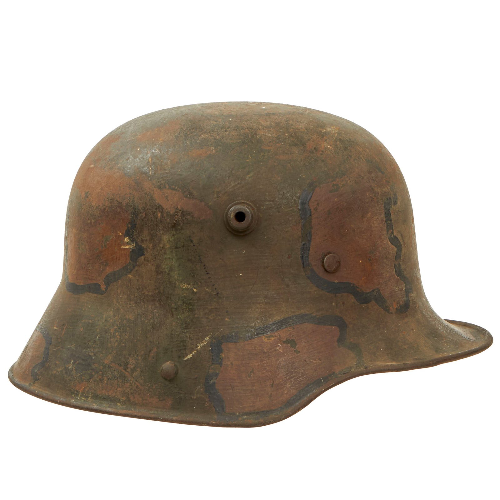 Buy Original Imperial German WWI M16 Turtle Camouflage Painted Stahlhelm with Likely Mustard Gas Exposed Liner & Chinstrap - ET64 | Original Firearms Antique For Sale