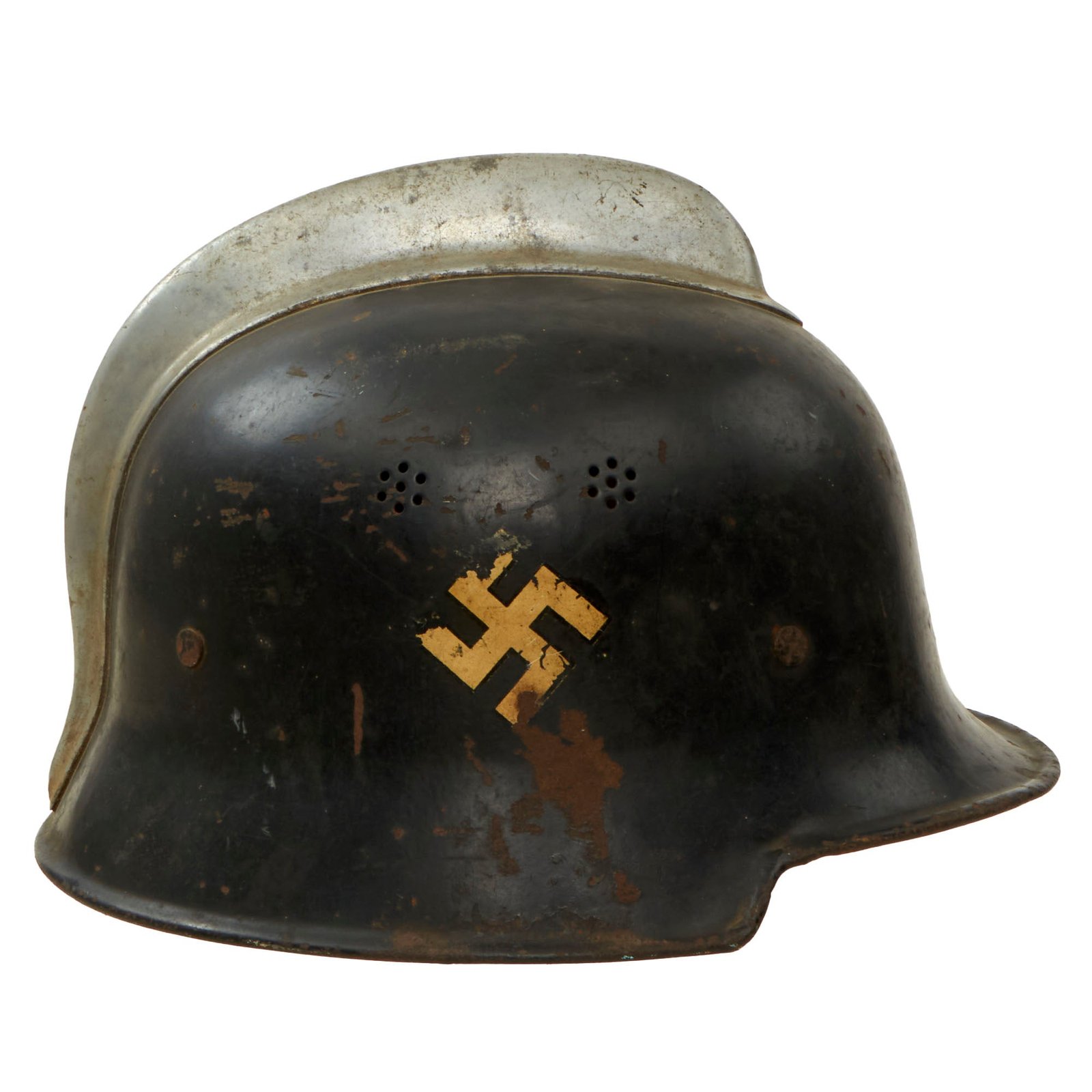 Buy Original German Pre-WWII M34 Square Dip Early Style Fire Police Helmet with Double Decals - Size 58 | Original Firearms Antique For Sale