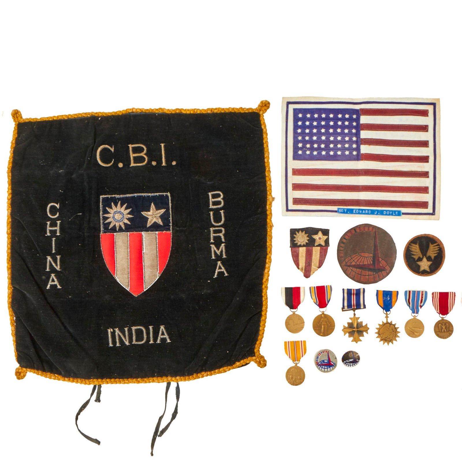 Buy Original U.S. WWII Named CBI Air Transport Command Theater-Made Patch & Medal Grouping - American Flag Multi-Piece Leather Patch | Original Firearms Antique For Sale
