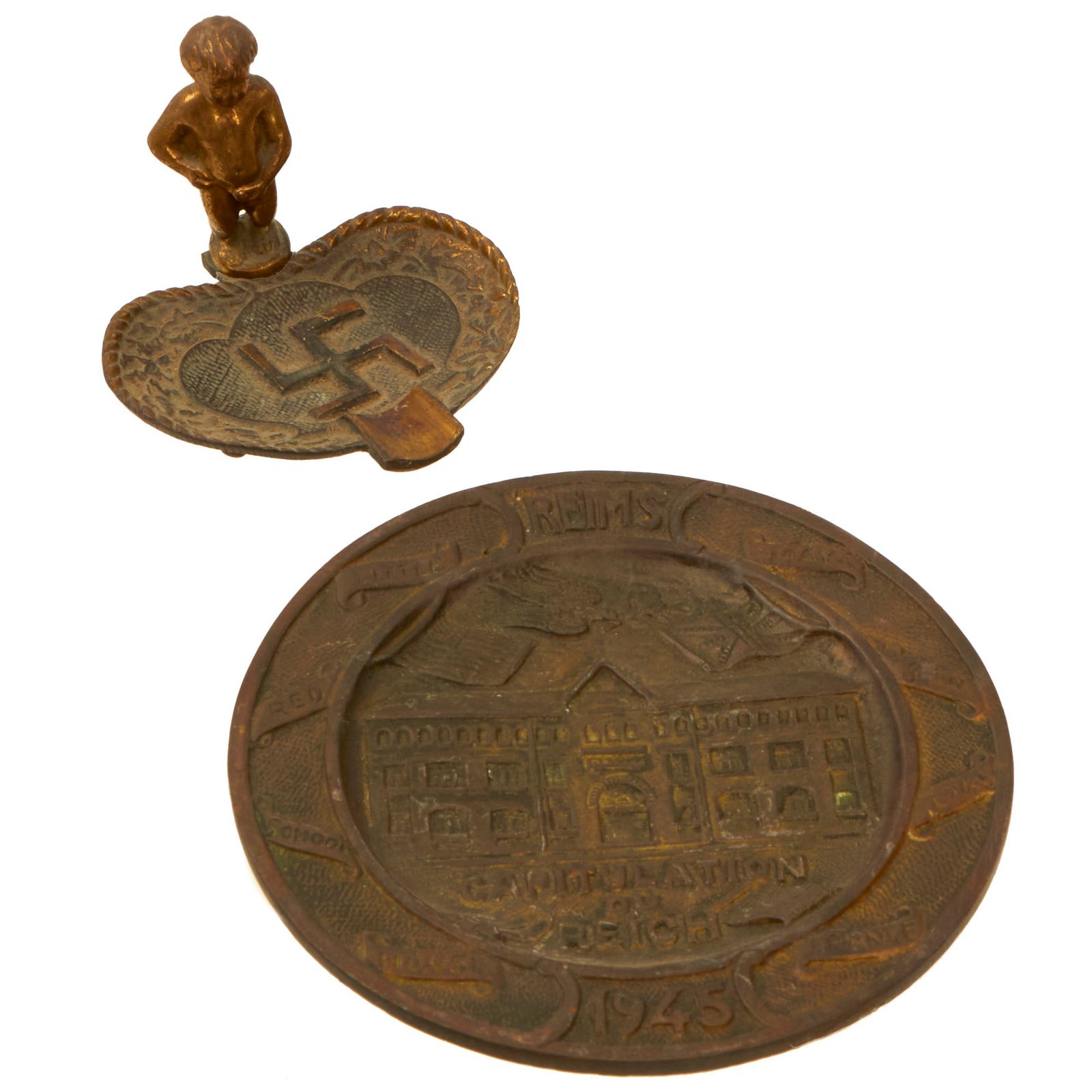 Buy Original U.S. WWII Reims Capitulation German Surrender Commemorative Brass Plate & Ashtray with Cherub Urinating on NSDAP Emblem | Original Firearms Antique For Sale