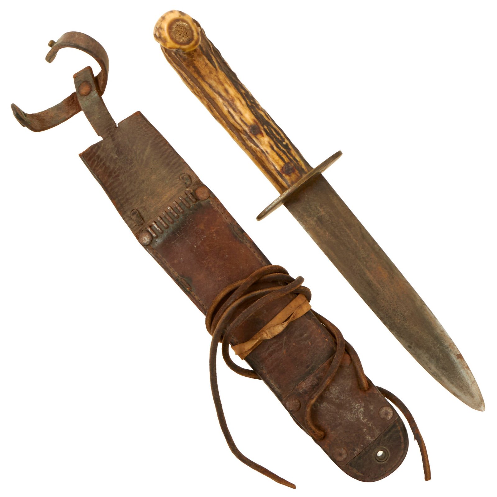 Buy Original U.S. WWII French Nouméa New Caledonia Fighting Knife with Stag Handle & M6 Scabbard - Dated 1943 | Original Firearms Antique For Sale