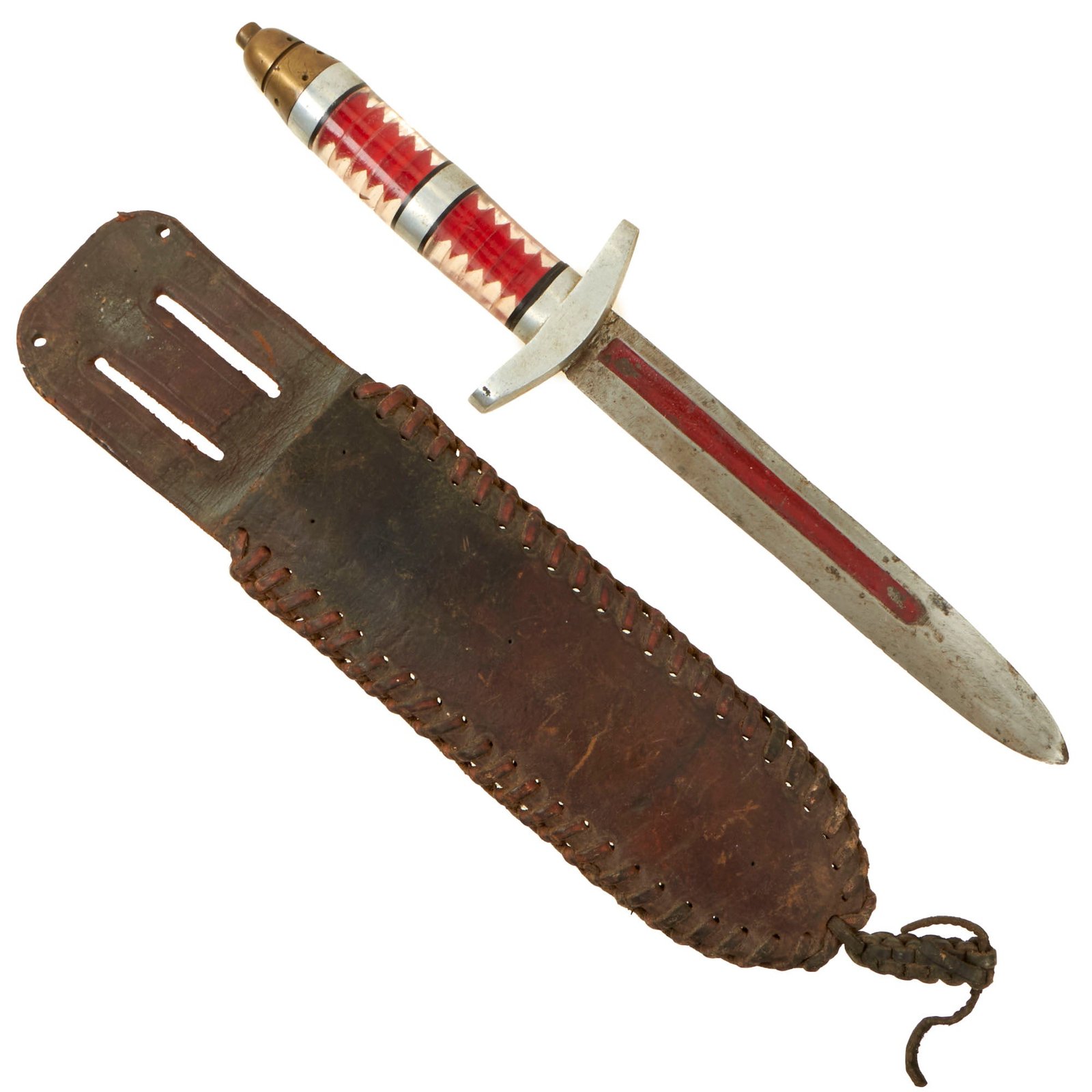 Buy Original U.S. WWII Custom Fighting Knife with Japanese Fuze Pommel & Blade made from M-1905 Bayonet with Leather Scabbard | Original Firearms Antique For Sale