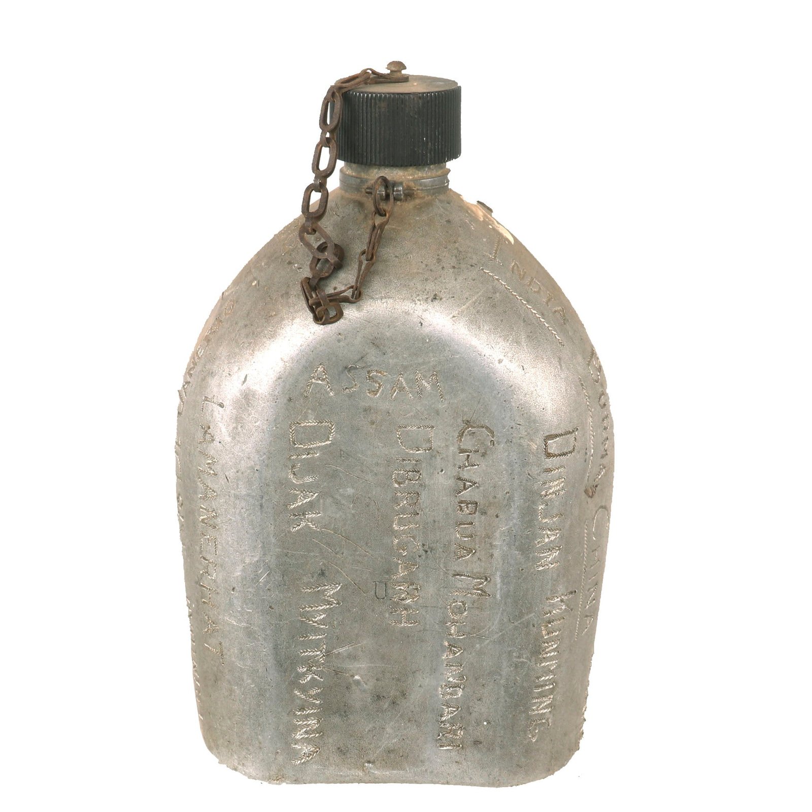 Buy Original U.S. WWII CBI Theater Engraved Trench Art Canteen Named to Hyman L. Adelman - Travel Diary | Original Firearms Antique For Sale