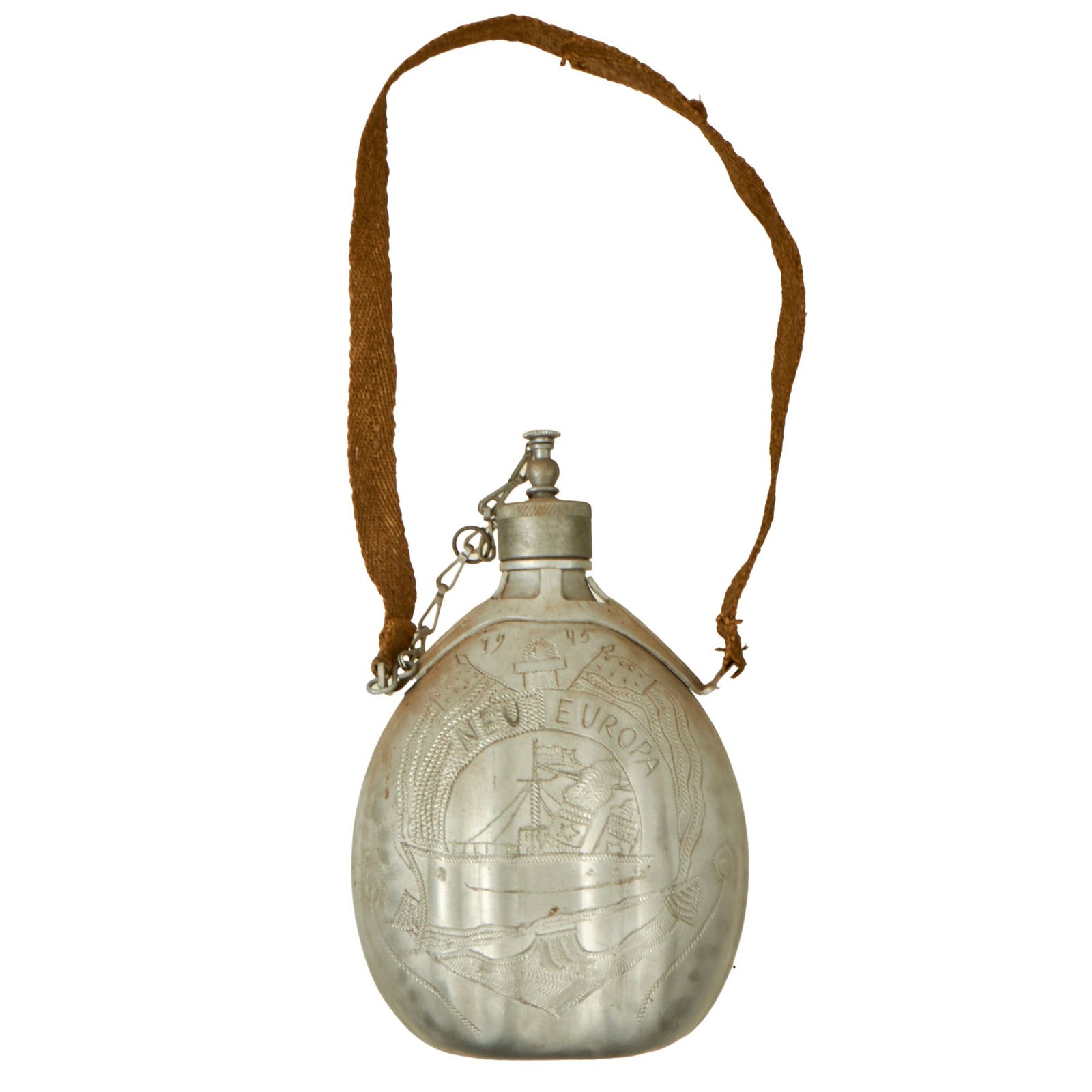 Buy Original U.S. WWII Captured & Engraved Italian M1935 Canteen Trench Art with Strap - Peacock & Neu Europa Ship - 1945 Dated | Original Firearms Antique For Sale