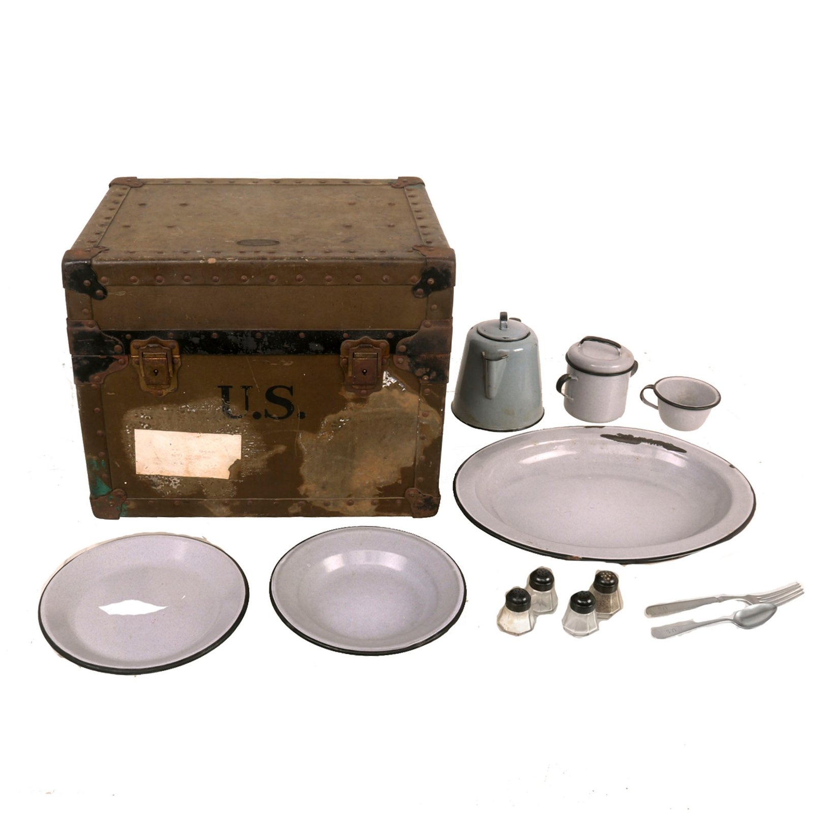 Buy Original U.S. WWII USAAF Enameled Portable Mess Set in Transit Chest - By Everwear Trunk & Luggage Co. - Dated 1942 | Original Firearms Antique For Sale