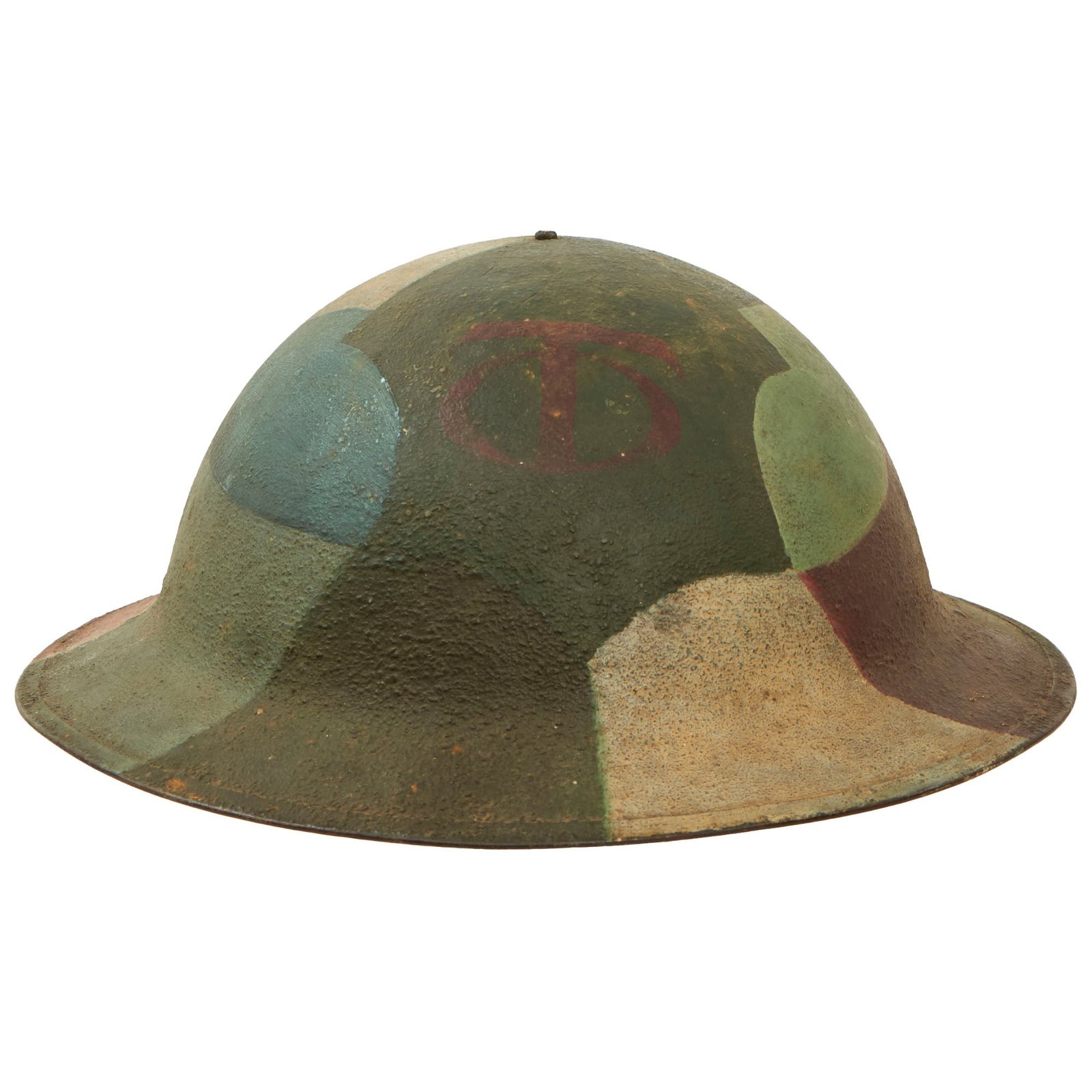 Buy Original U.S. WWI 90th Division Texas & Oklahoma Draftees M1917 Panel Camouflage Painted Doughboy Helmet Shell | Original Firearms Antique For Sale