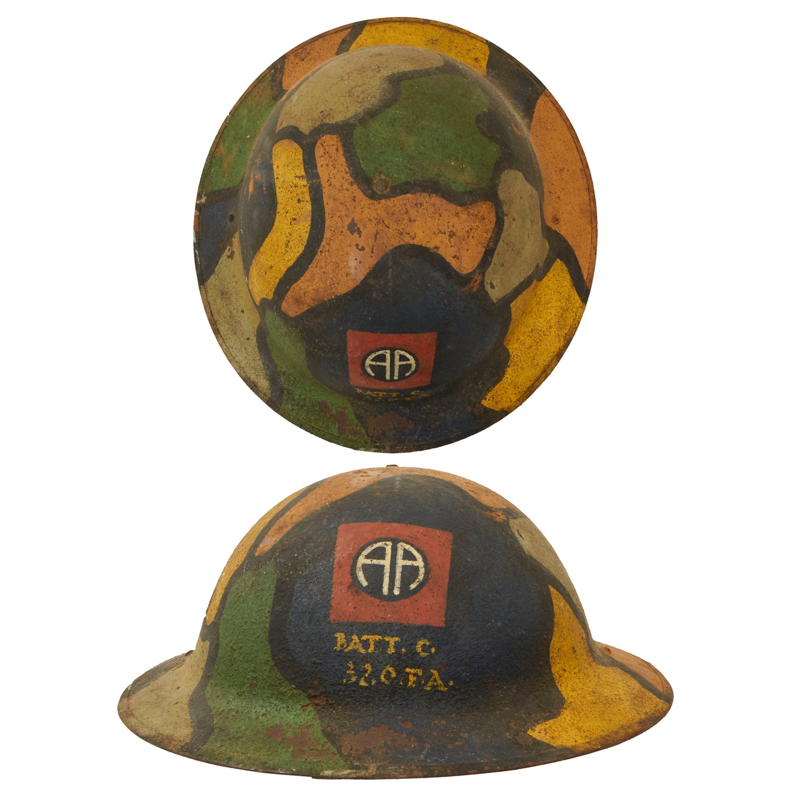 Buy Original U.S. WWI 82nd Division 320th Field Artillery Panel Camouflage Painted M1917 Doughboy Helmet With Liner - All American Division | Original Firearms Antique For Sale