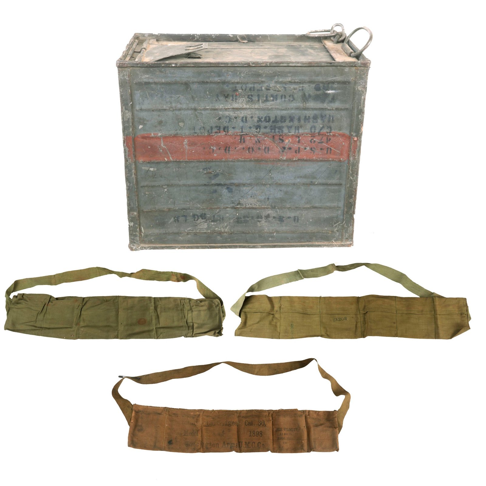 Buy Original U.S. WWII Small Arms M1906 .30cal Ball Cartridge Metal Ammunition Crate with Bandoleers | Original Firearms Antique For Sale