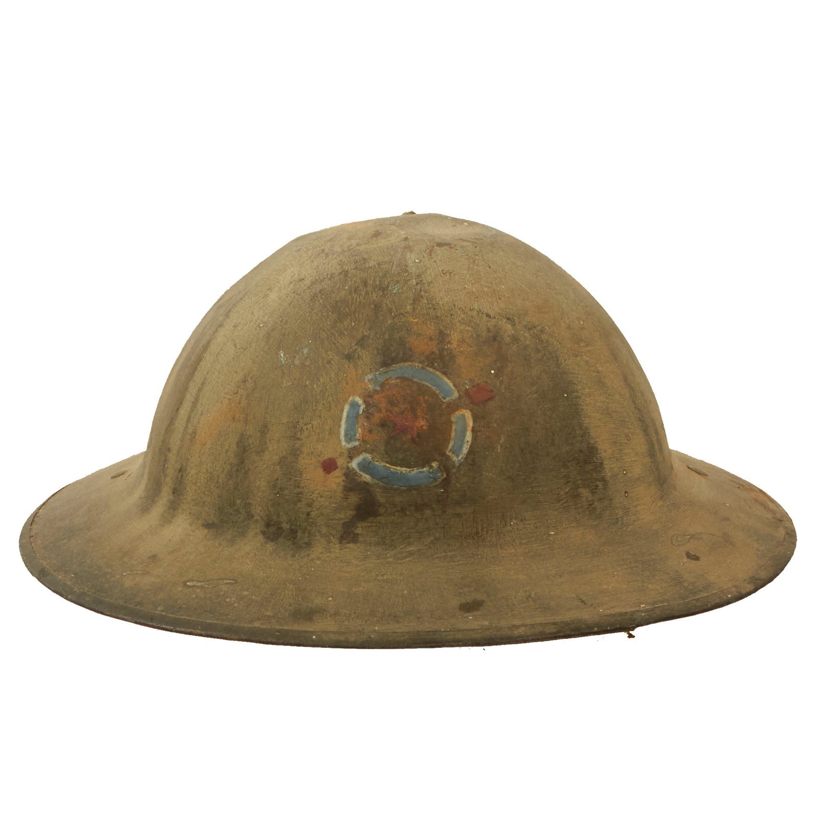 Buy Original U.S. WWI Named 80th Division Field-Painted British-Made Mk. I Helmet with Liner & Chinstrap - 315th Machine Gun Battalion - Corporal George J. Voelker | Original Firearms Antique For Sale