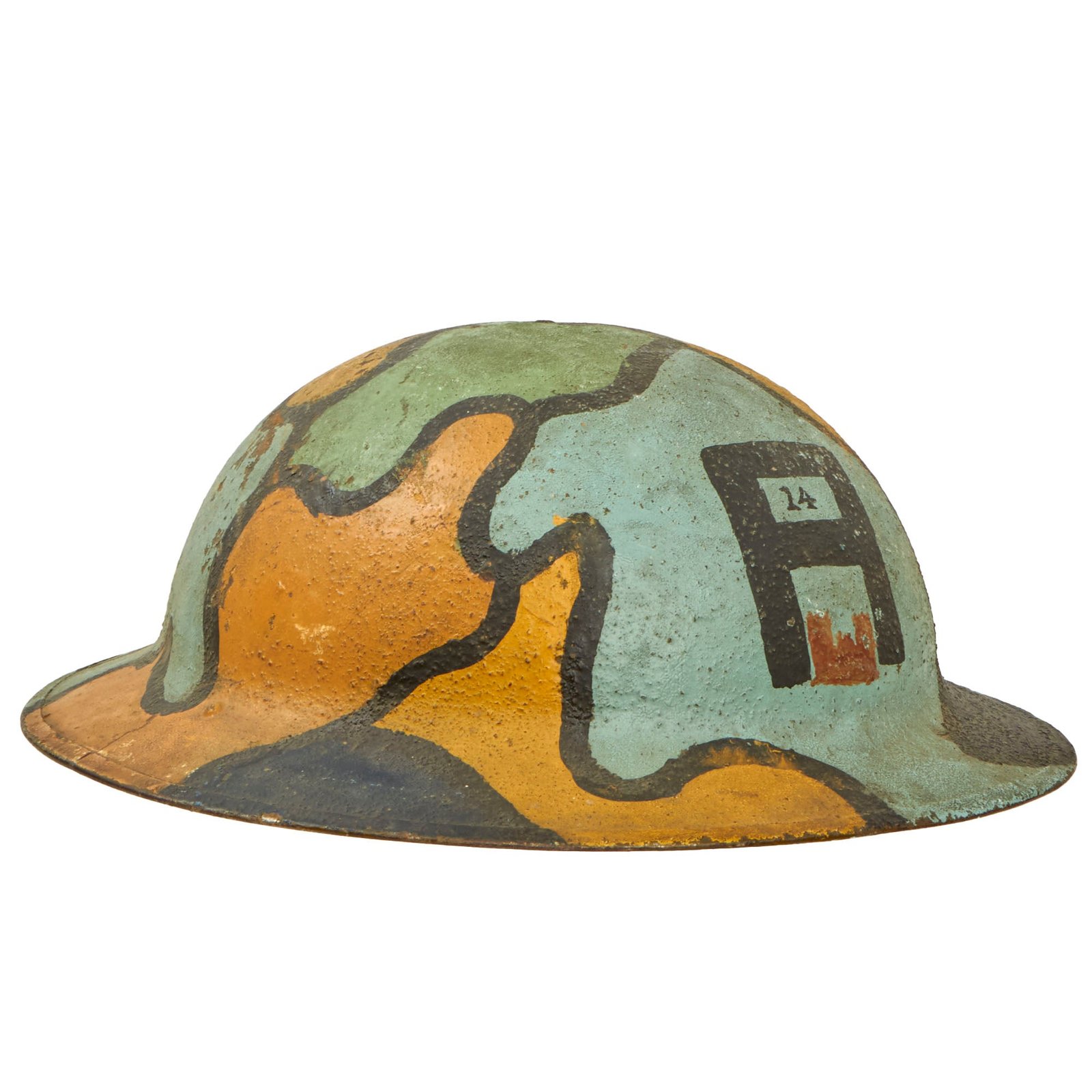 Buy Original U.S. WWI Scarce Named 14th Engineers Camouflage Painted M1917 Doughboy Helmet - Complete - Among First Troops to Arrive at the Front | Original Firearms Antique For Sale