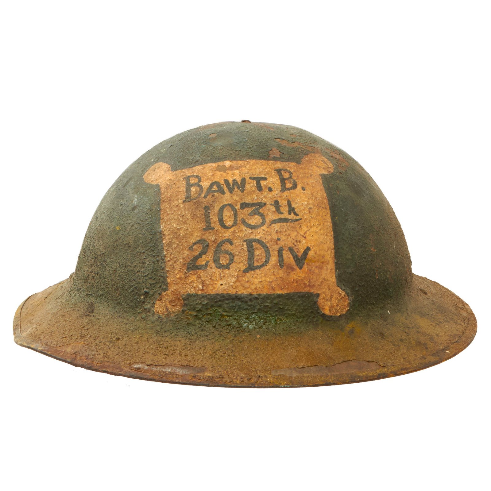 Buy Original U.S. WWI 26th Division Painted M1917 Doughboy Helmet with Field Artillery Cannon & Boston Accent Writing | Original Firearms Antique For Sale