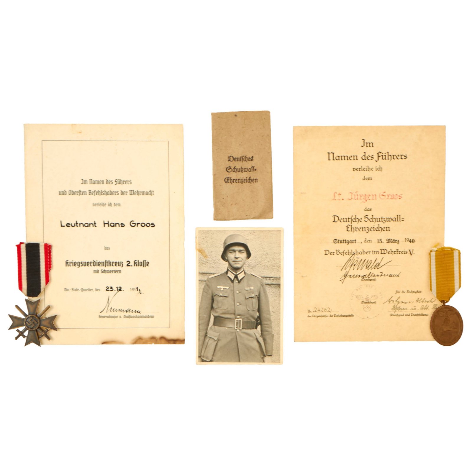 Buy Original German WWII War Merit Cross & West Wall Medal with Documents & Photo Named to Leutnant Hans Groos, 697th Artillery Regiment | Original Firearms Antique For Sale