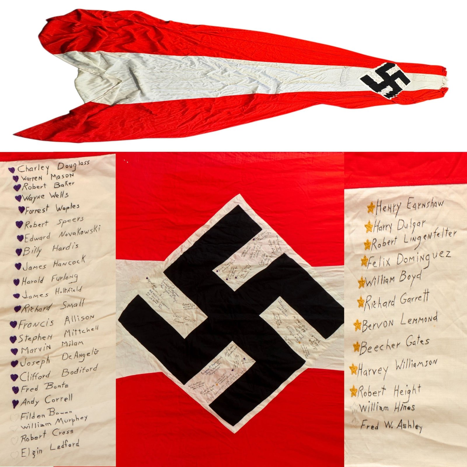Buy Original U.S. WWII Enormous Captured HJ Youth Banner Signed & Embroidered by Men of 2nd Cavalry Reconnaissance Squadron - KIA & Purple Hearts Stitched by Names - 6⅓ x 19 Feet | Original Firearms Antique For Sale