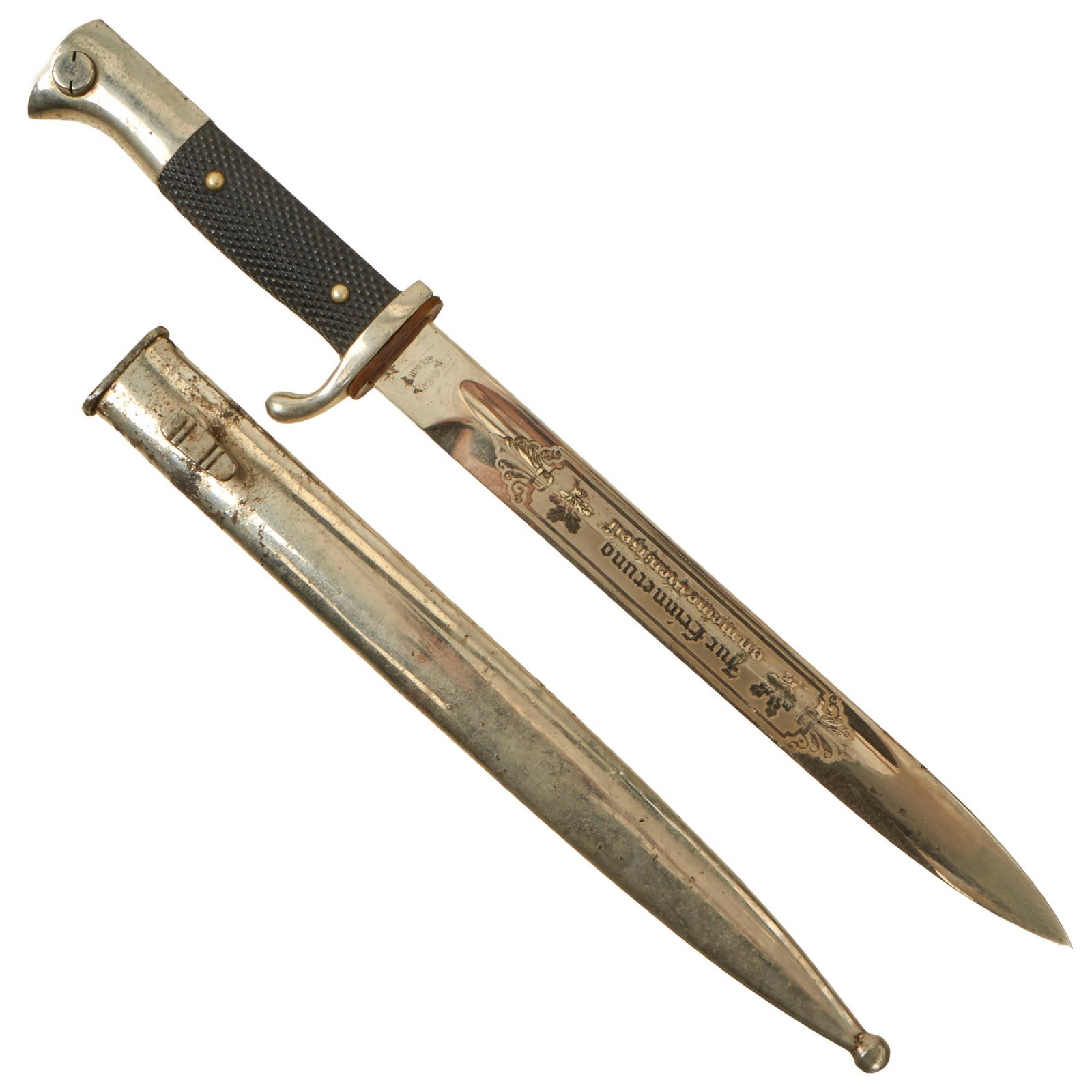 Buy Original German WWII Heer Single Etched Long 98k Dress Bayonet by Arthur Evertz with Nickel Plated Scabbard | Original Firearms Antique For Sale