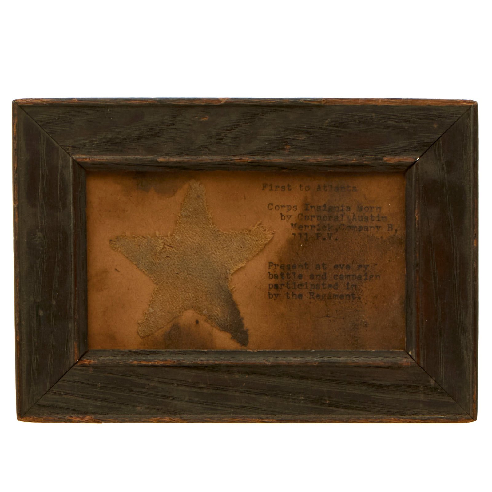 Buy Original U.S. Civil War Framed XII Corps Badge Worn by Austin Merrick 111th Pennsylvania Volunteers - First to Atlanta - 5⅜ x 7⅝” | Original Firearms Antique For Sale