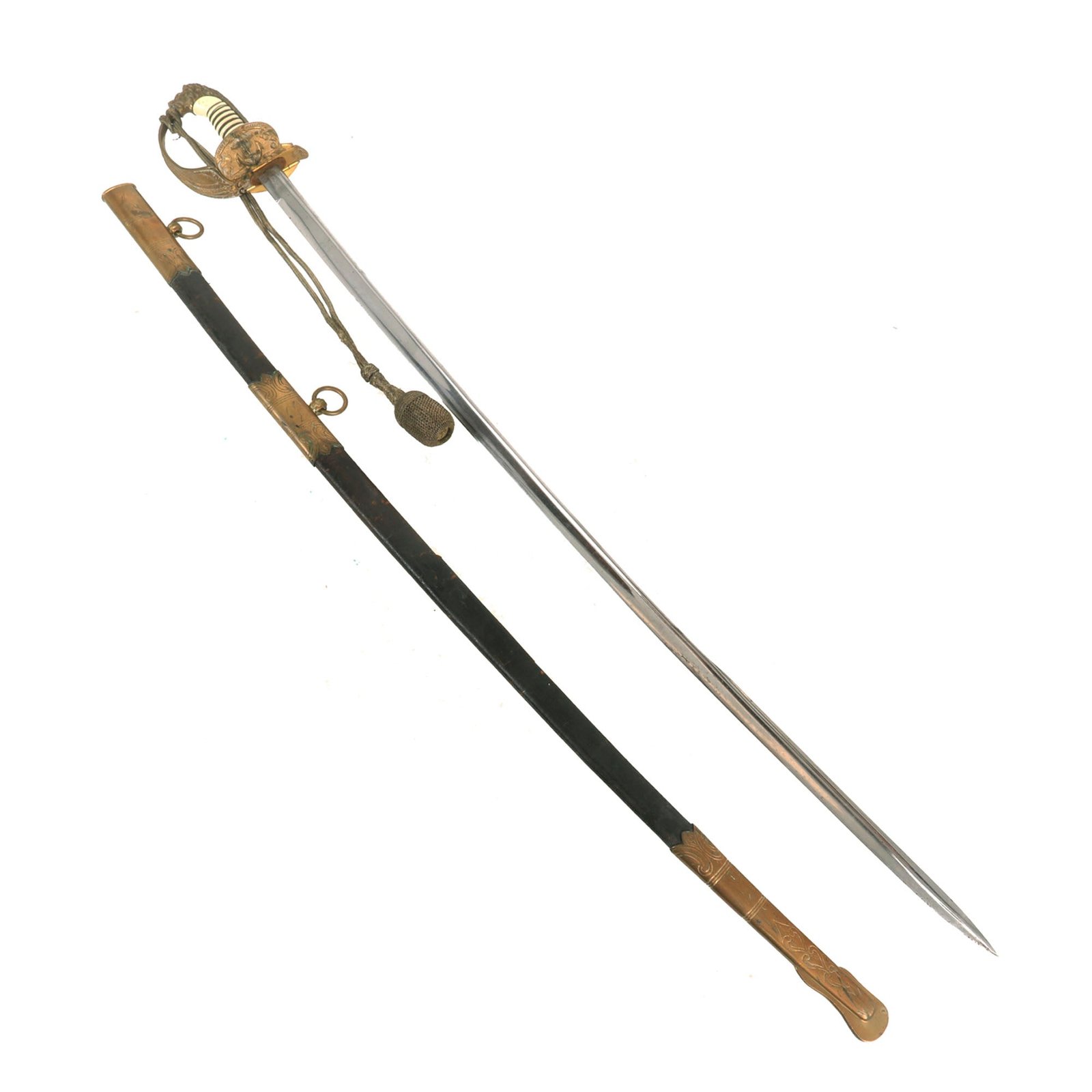 Buy Original German WWII Kriegsmarine Navy Officer Pipe Back Lion Head Sword by E. & F. Hörster with Portepee and Leather Covered Scabbard | Original Firearms Antique For Sale