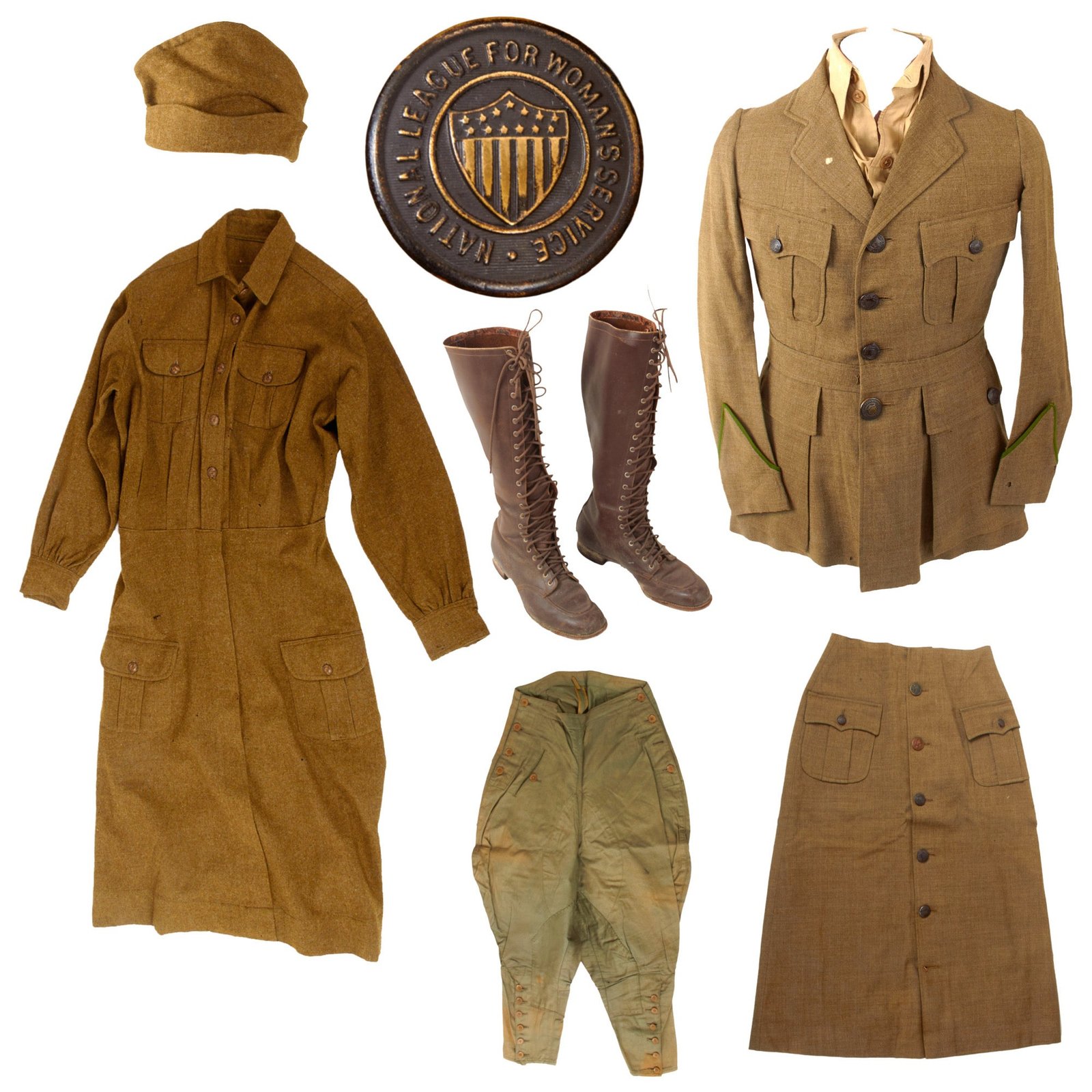 Original U.S. WWI National League for Women's Service Uniform & Boot Grouping with Workdress and Cap