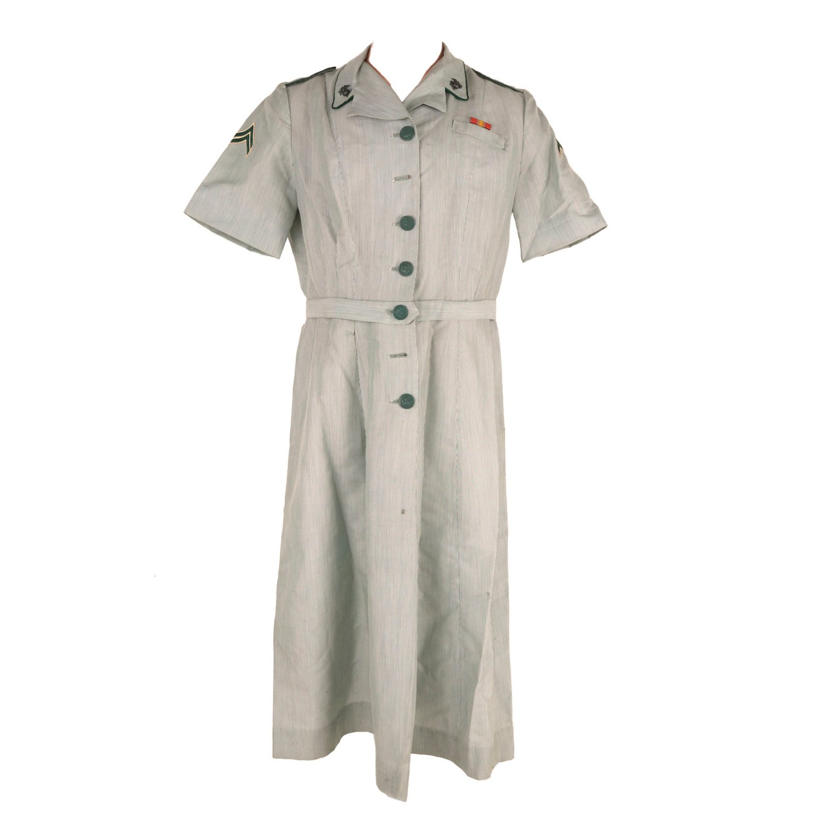 Buy Original U.S. Korean War Female Marine Seersucker Pinstripe Dress with Insignia & National Defense Ribbon | Original Firearms Antique For Sale