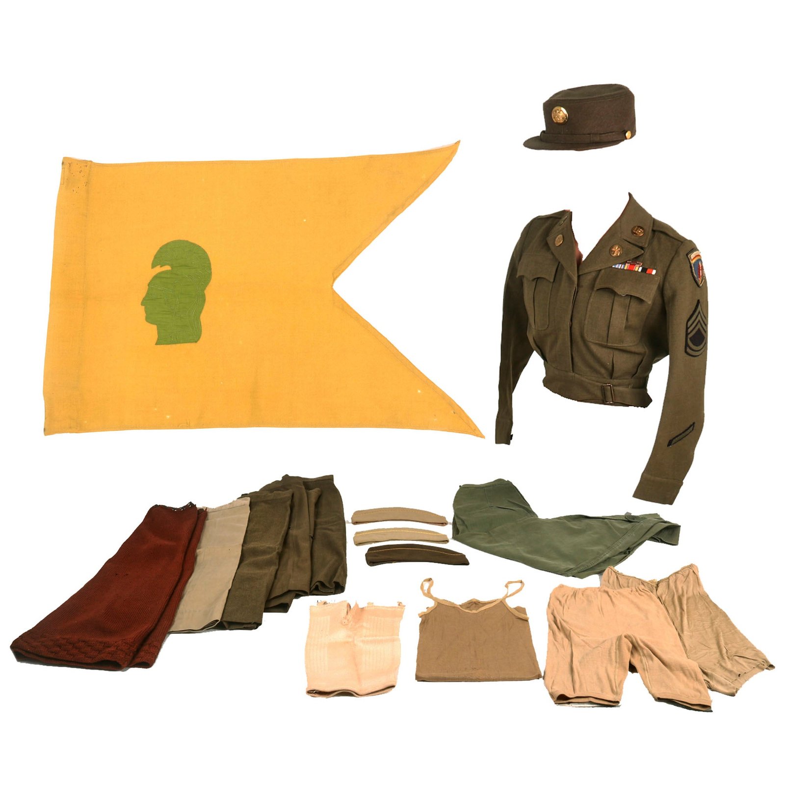 Buy Original U.S. WWII Women’s Army Corps WAC SHAEF French-Made Uniform & Guidon Grouping - WAC Hobby Hat & Underwear - British-Made Skirts | Original Firearms Antique For Sale