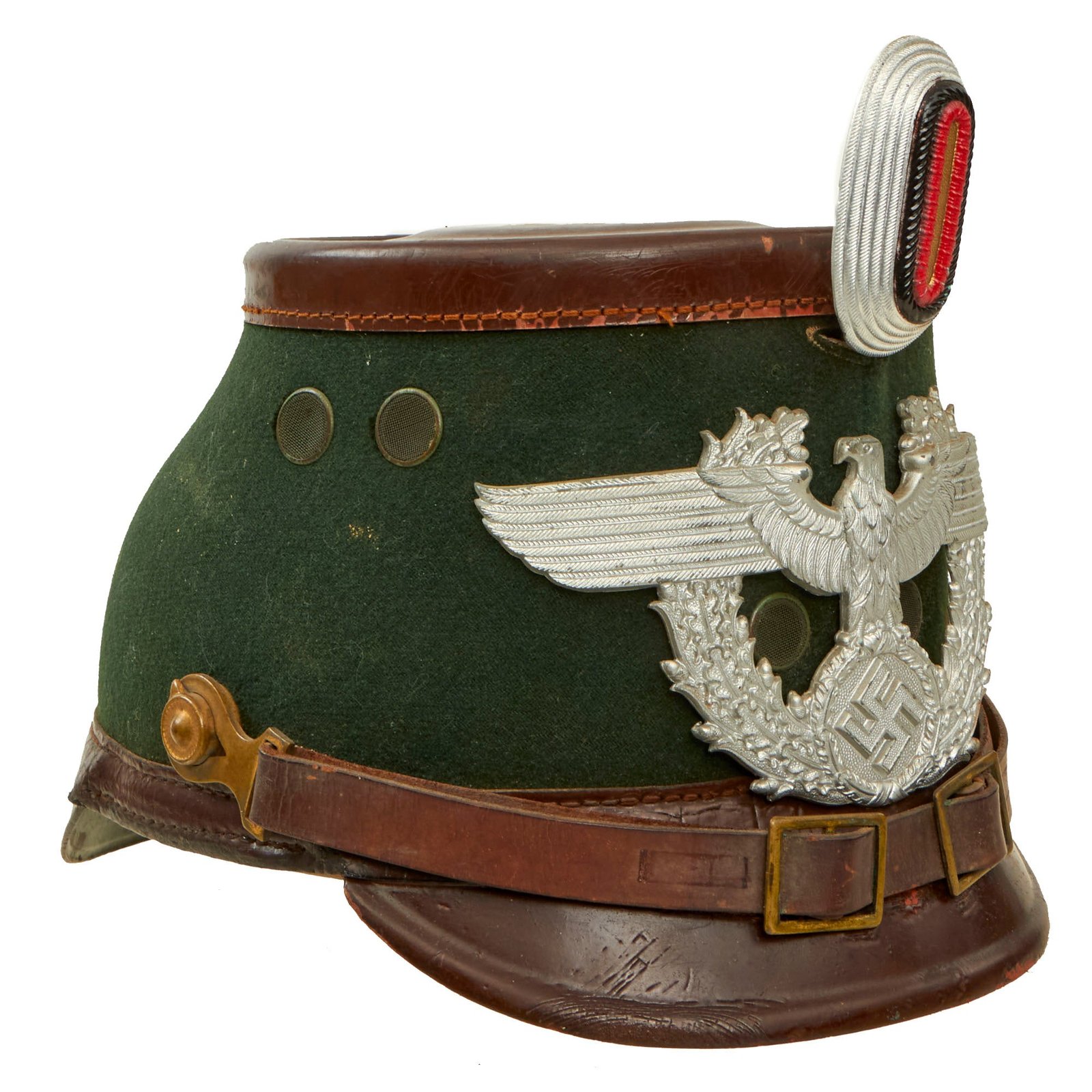 Buy Original German WWII Late Pattern Rural Police Shako with Leather Chinstrap & Post-War Feldzeichen | Original Firearms Antique For Sale