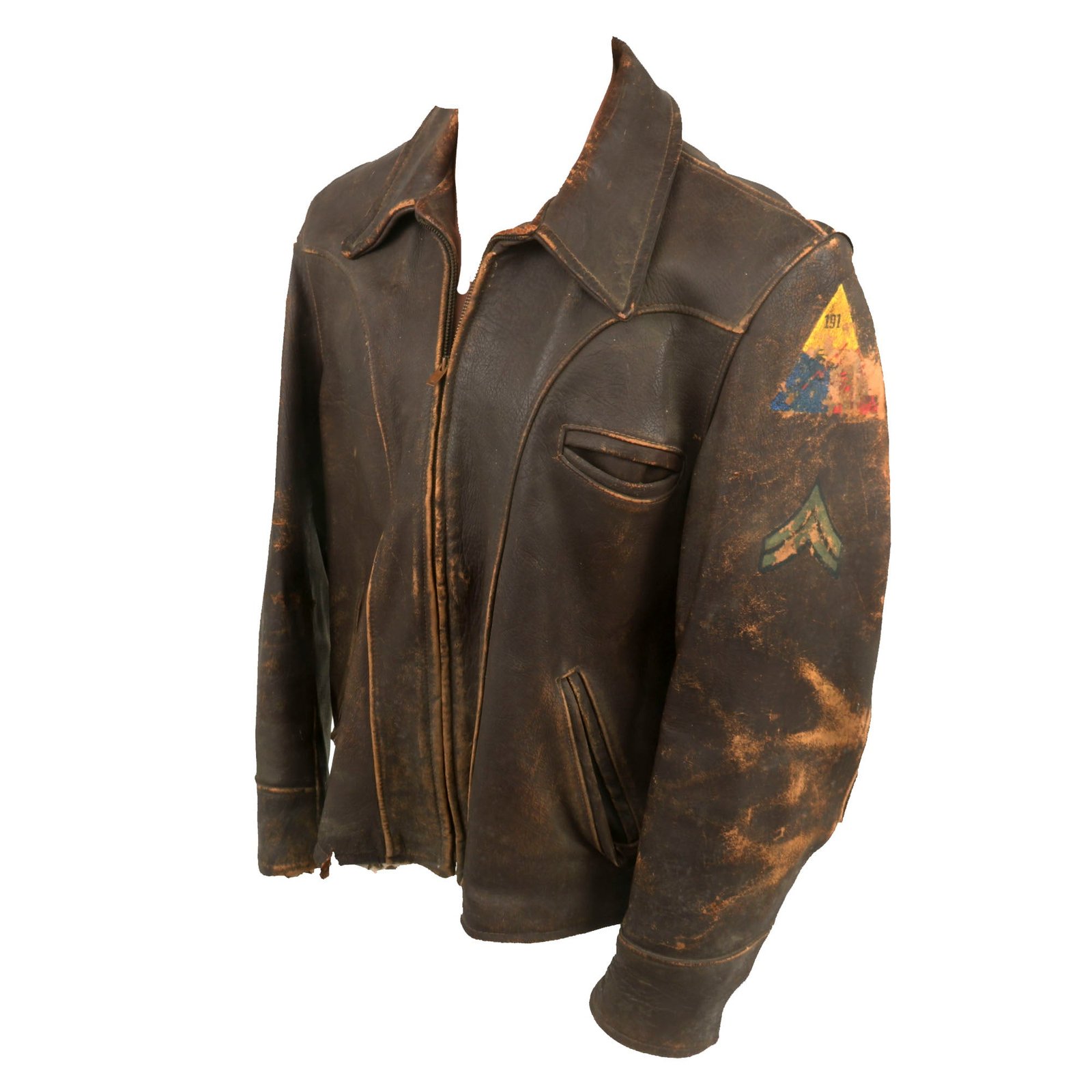 Buy Original U.S. WWII Armored 191st Tank Battalion Army Painted Leather Jacket - 80th Infantry Division Insignia & Corporal Chevrons | Original Firearms Antique For Sale