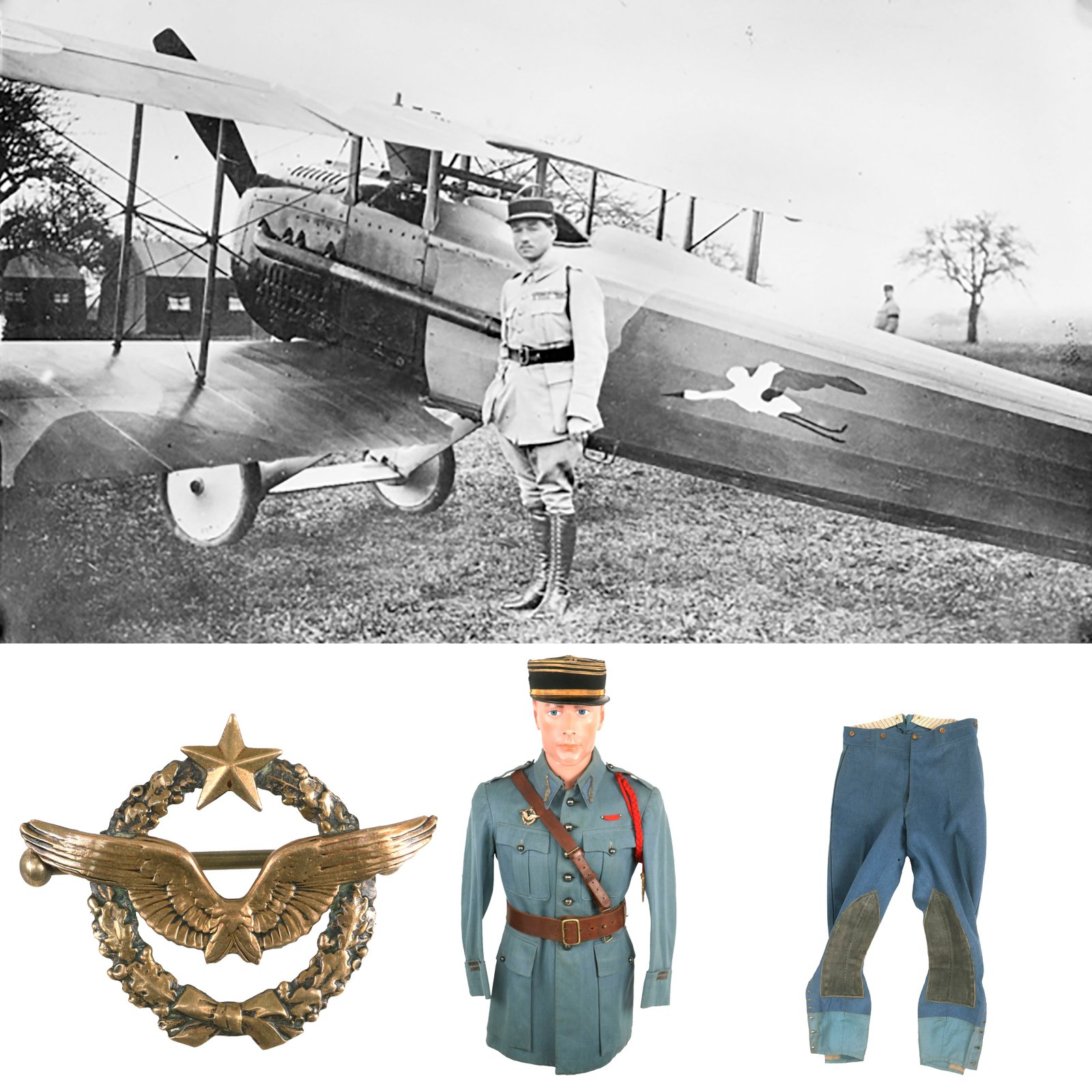 Buy Original France WWI Pilot Armée de l'Air French Air Service Officer’s Uniform Set With Tunic, Trousers, Sam Browne Belt and Kepi With Squadron Insignia - 'Stork Escadrille N3' | Original Firearms Antique For Sale