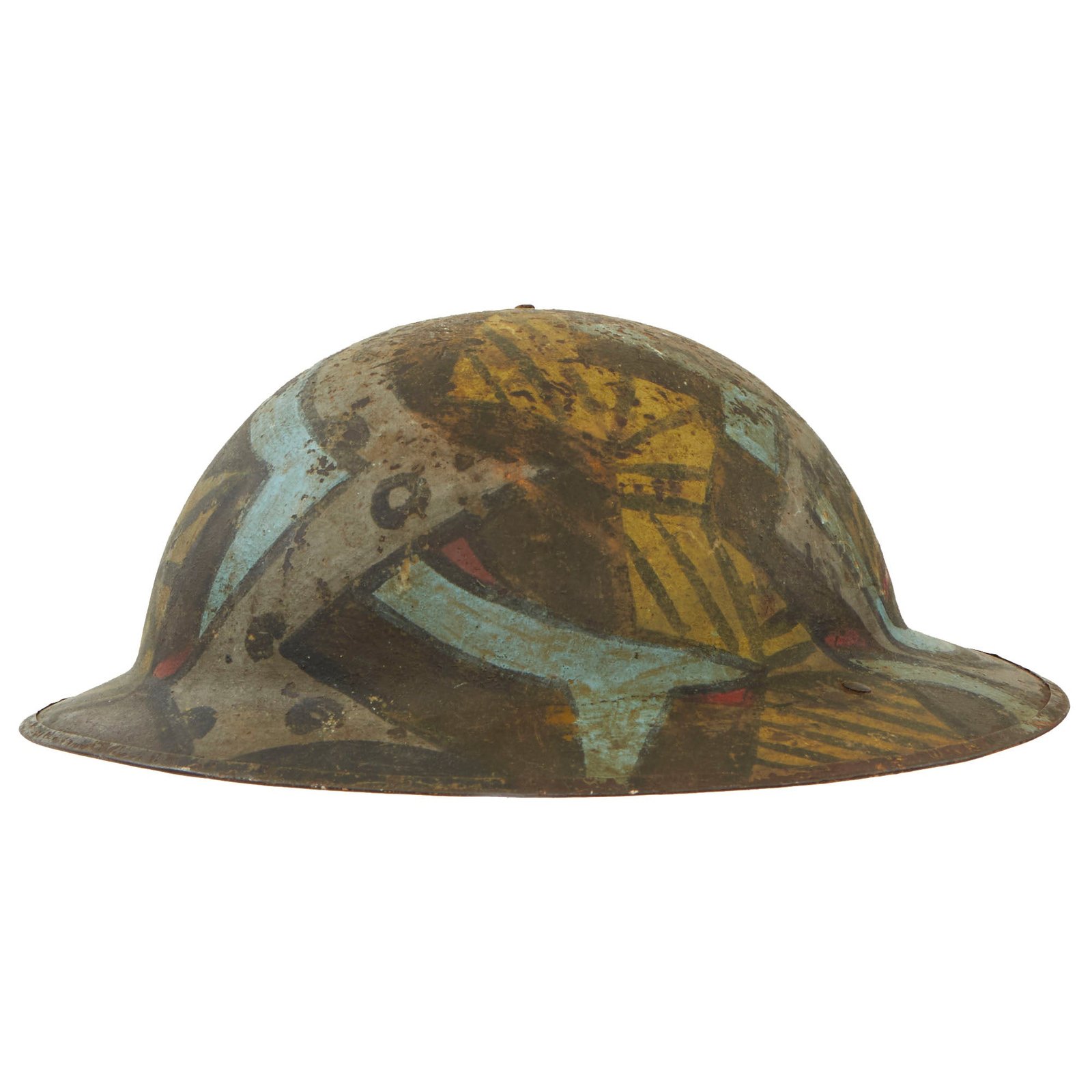 Buy Original British WWI “Dazzle Panel” Camouflage Painted Mk 1 Brodie Helmet Shell by Hadfield Ltd of Sheffield | Original Firearms Antique For Sale