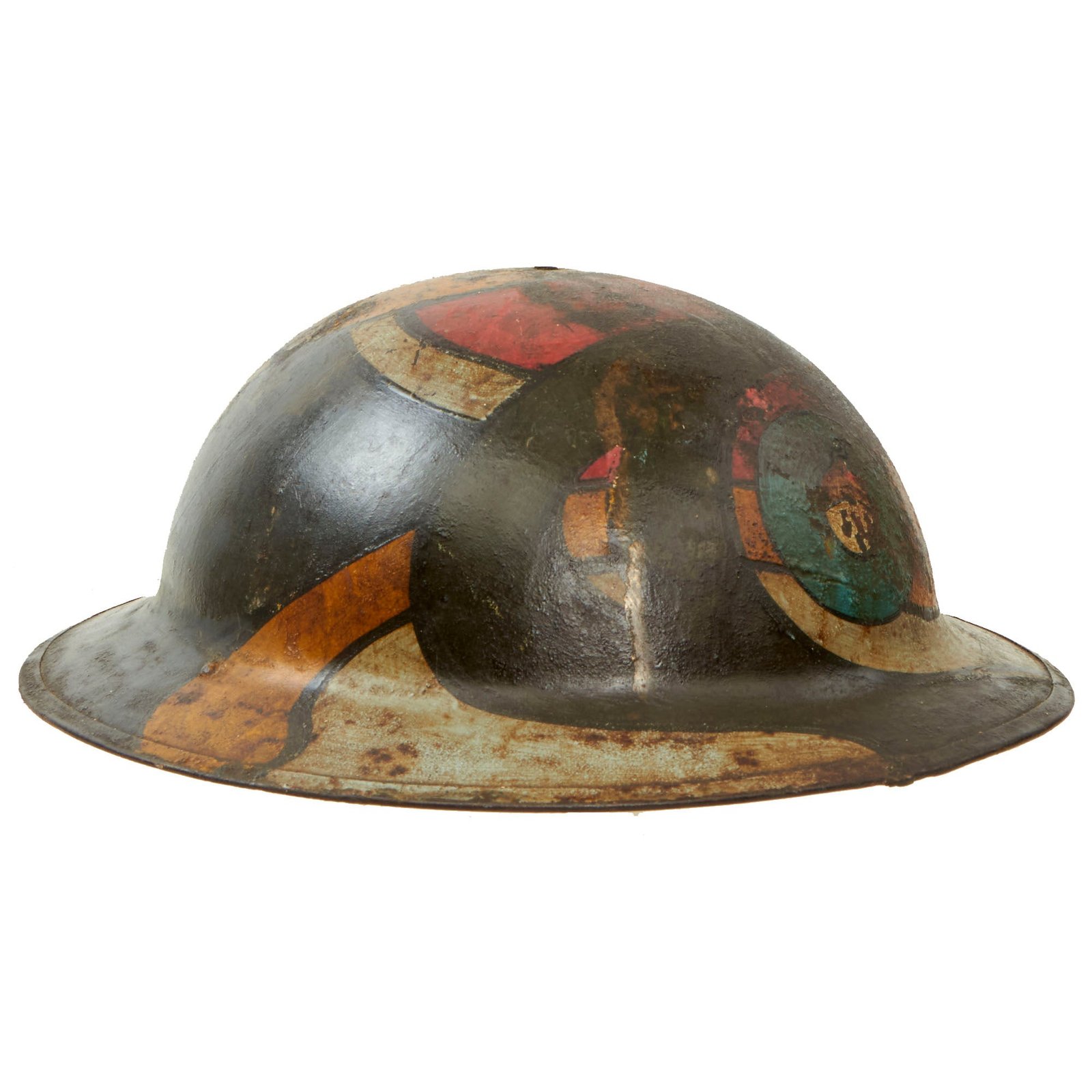 Buy Original U.S. WWI 87th Division 346th Infantry Regiment M1917 Doughboy Helmet With Panel Camouflage Paint - “Golden Acorn” | Original Firearms Antique For Sale