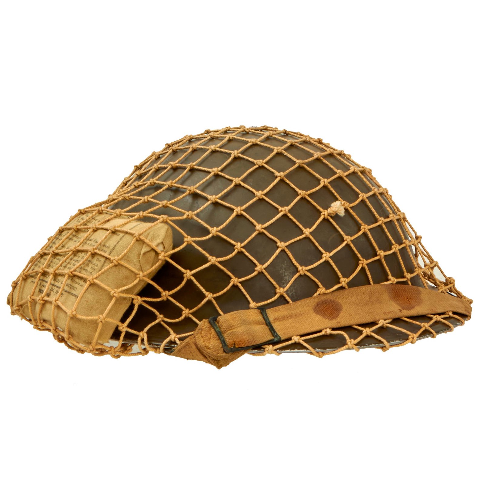 Buy Original Canadian WWII Brodie MkII Steel Helmet by Aluminum Goods Company of Toronto-Complete with Helmet Net and Field Dressing - Dated 1942 (Exclusive) | Original Firearms Antique For Sale
