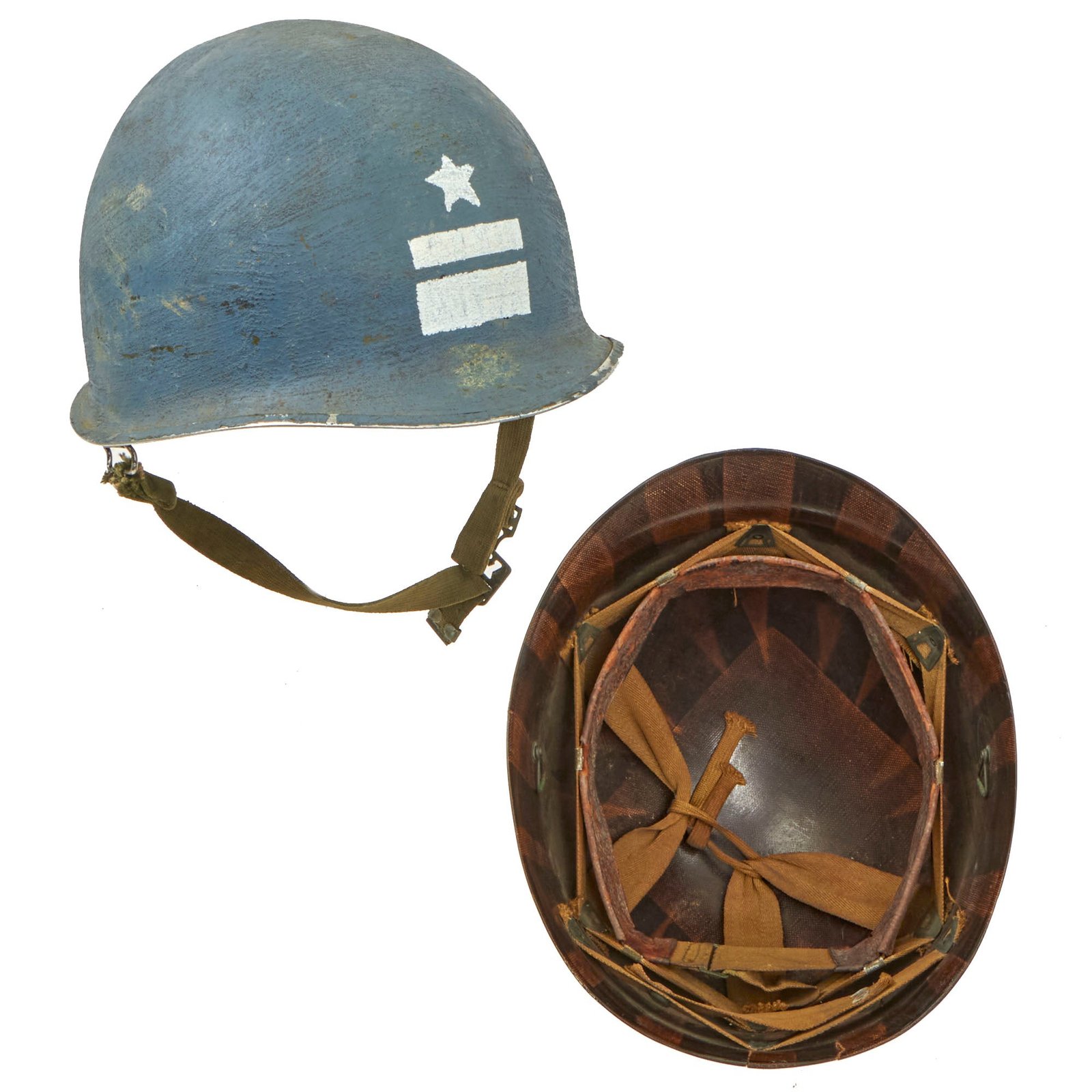Buy Original U.S. WWII US Navy Lieutenant Junior Grade (JG) Rank Painted 1944 McCord Front Seam Swivel Bale M1 Helmet with Net and Westinghouse Liner - Original Period Applied Blue Paint | Original Firearms Antique For Sale
