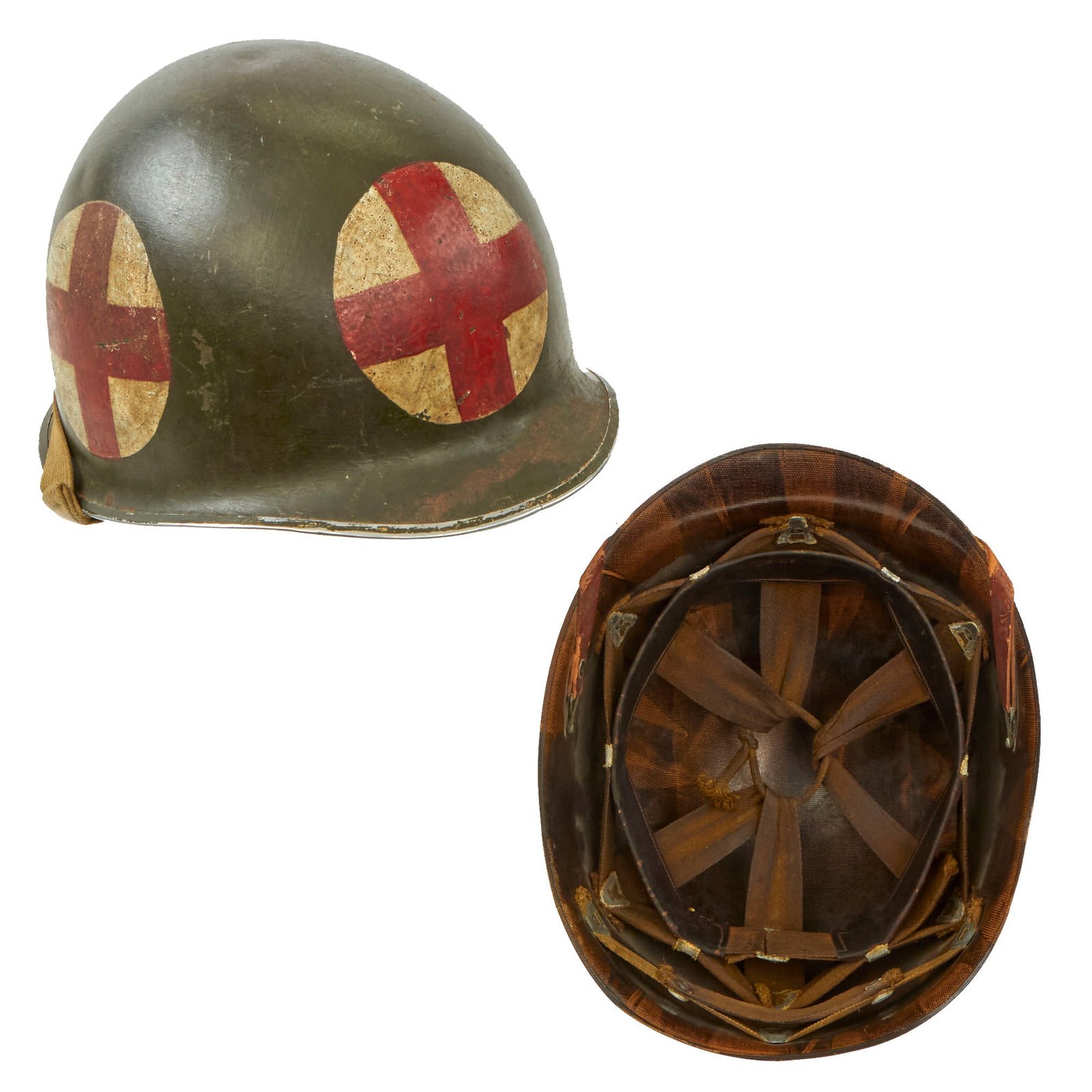 Buy Original U.S. WWII Untouched 1942 Four Panel Medic M1 McCord Front Seam Fixed Bale Helmet with Firestone Liner - Laundry Number Marked | Original Firearms Antique For Sale