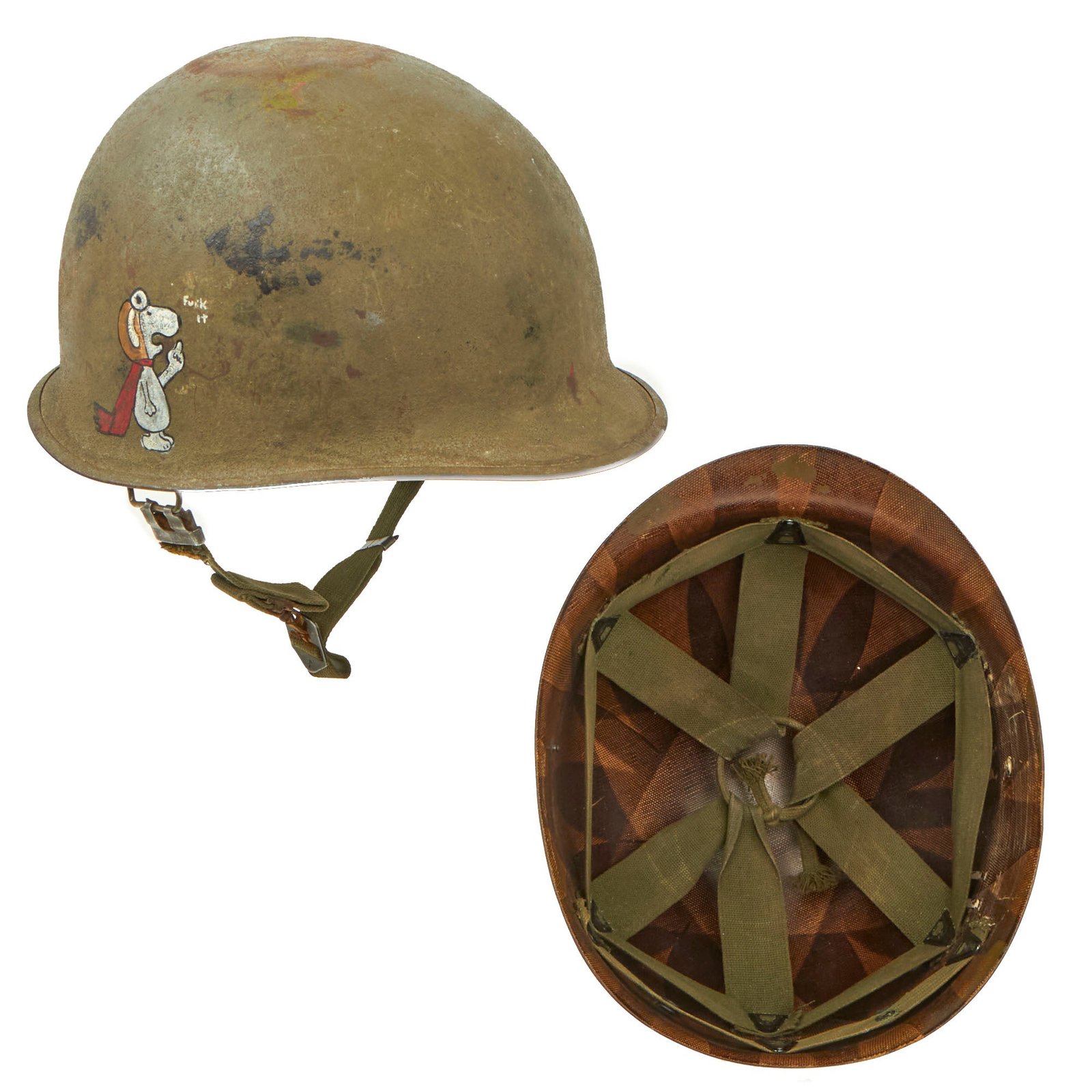 Buy Original U.S. Vietnam WWII Reissue M1 Helmet with Period Original Vulgar Snoopy Artwork With Liner | Original Firearms Antique For Sale