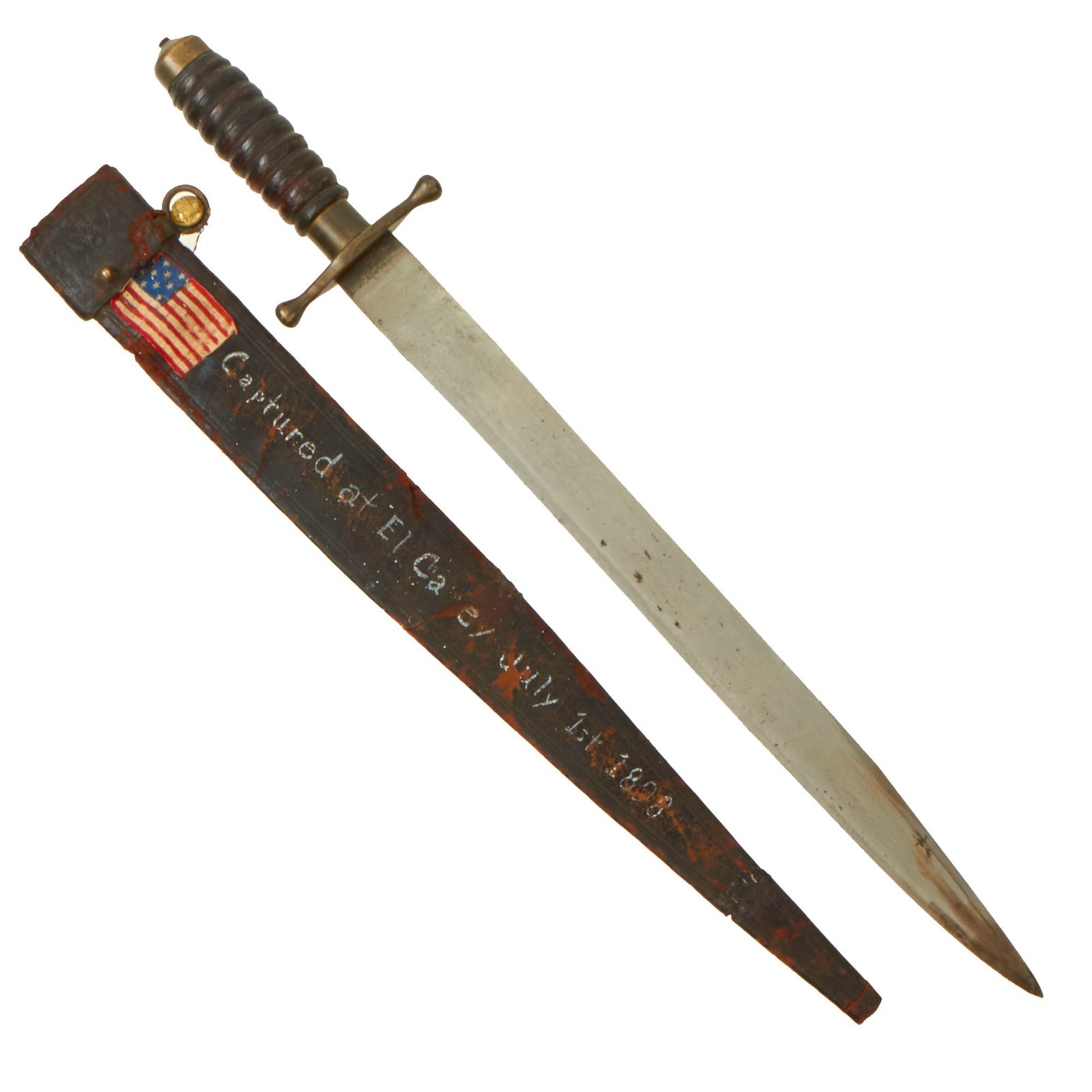 Buy Original U.S. Spanish-American War Collins NO 22 Calidad Garantizada Machete With Leather Scabbard - Marked By U.S. Soldier Who Captured it at the Battle of El Caney on July 1, 1898 | Original Firearms Antique For Sale