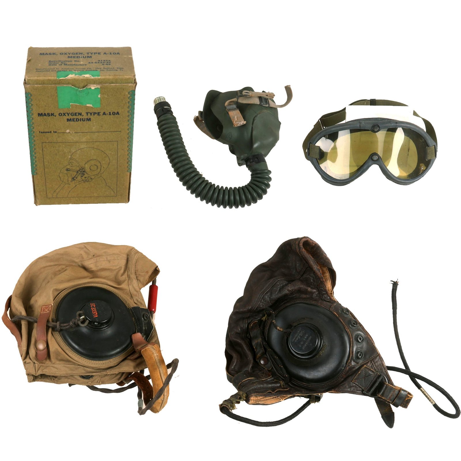 Buy Original U.S. WWII “Summer & Winter” Aviator Flight Helmet Lot With Goggles and Oxygen Mask - (2) Masks With Accessories | Original Firearms Antique For Sale